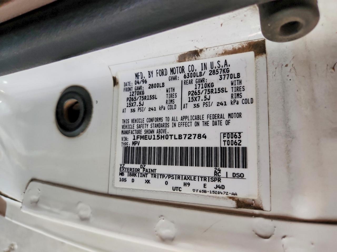 1996 Ford Bronco U100 White vin: 1FMEU15H0TLB72784