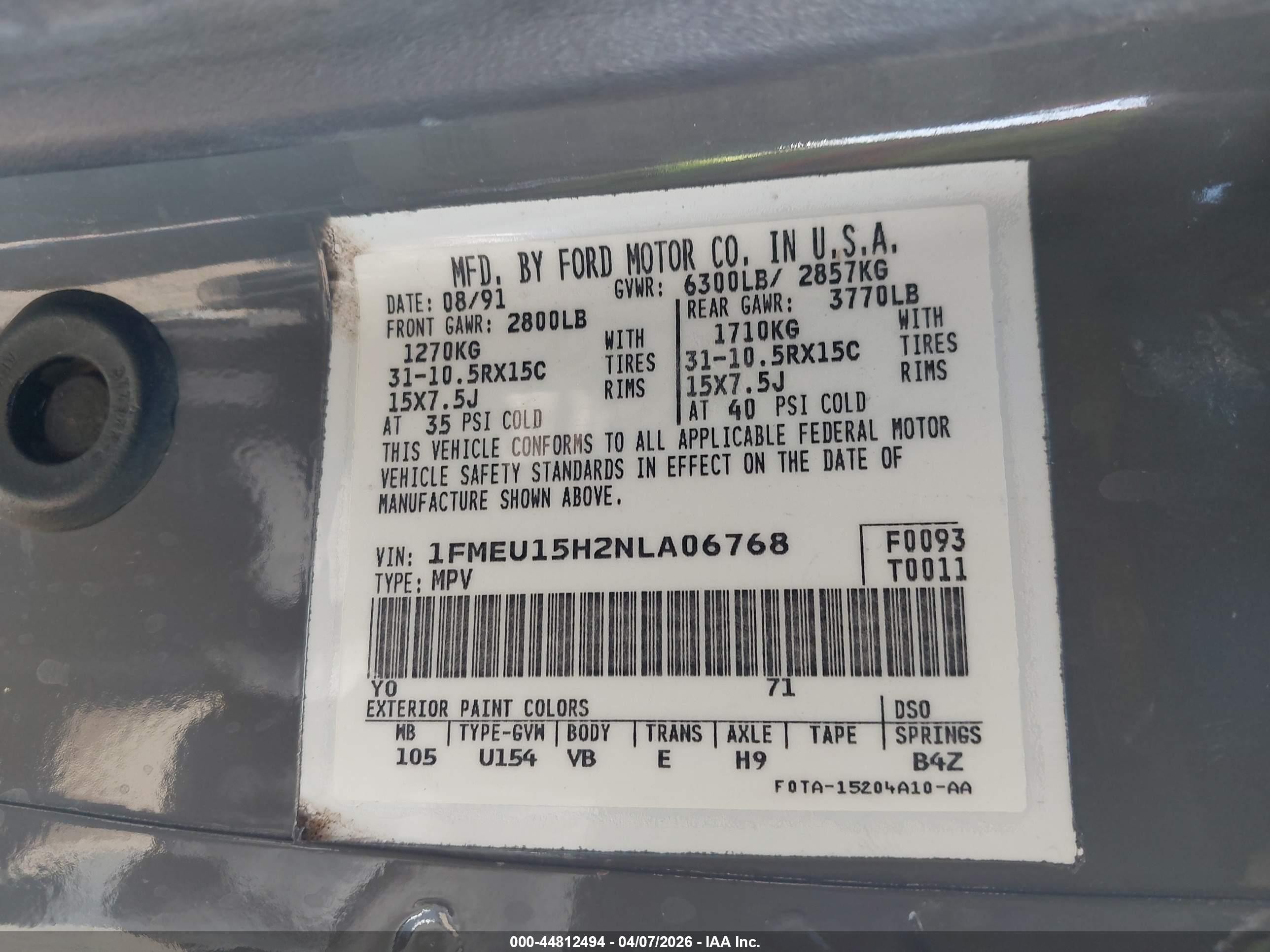 1992 Ford Bronco U100 Серый vin: 1FMEU15H2NLA06768