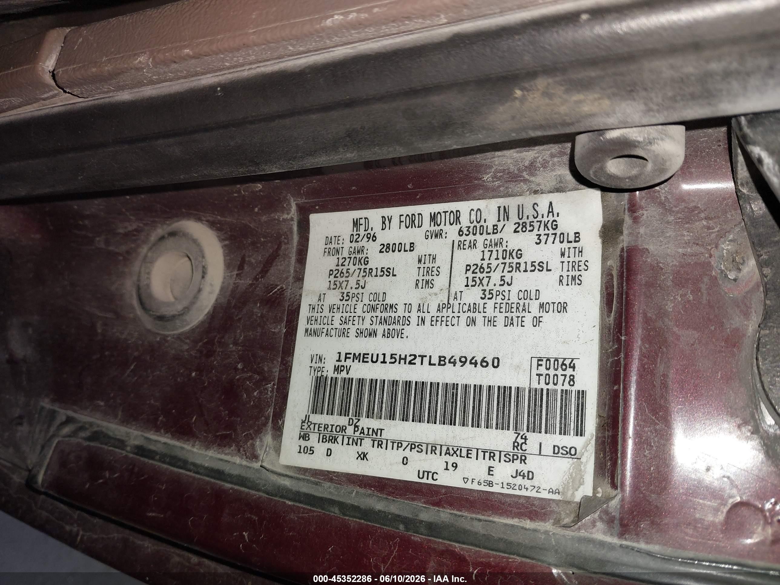 1996 Ford Bronco U100 Красный vin: 1FMEU15H2TLB49460