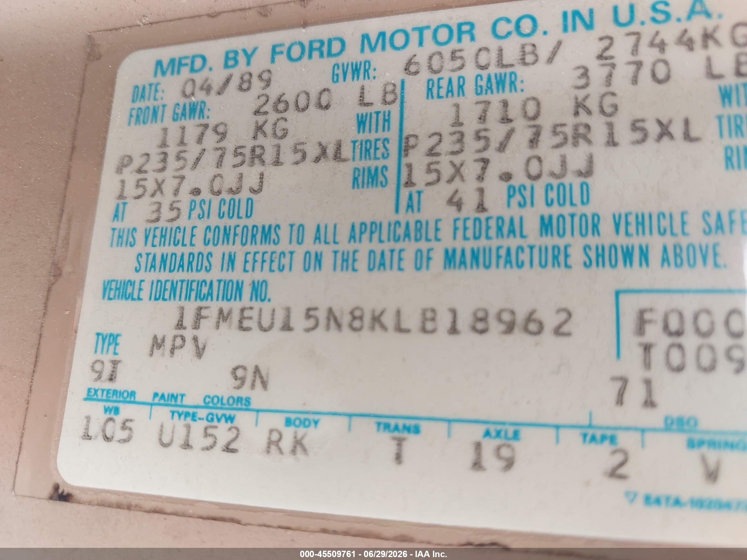 1989 Ford Bronco U100 Коричневый vin: 1FMEU15N8KLB18962
