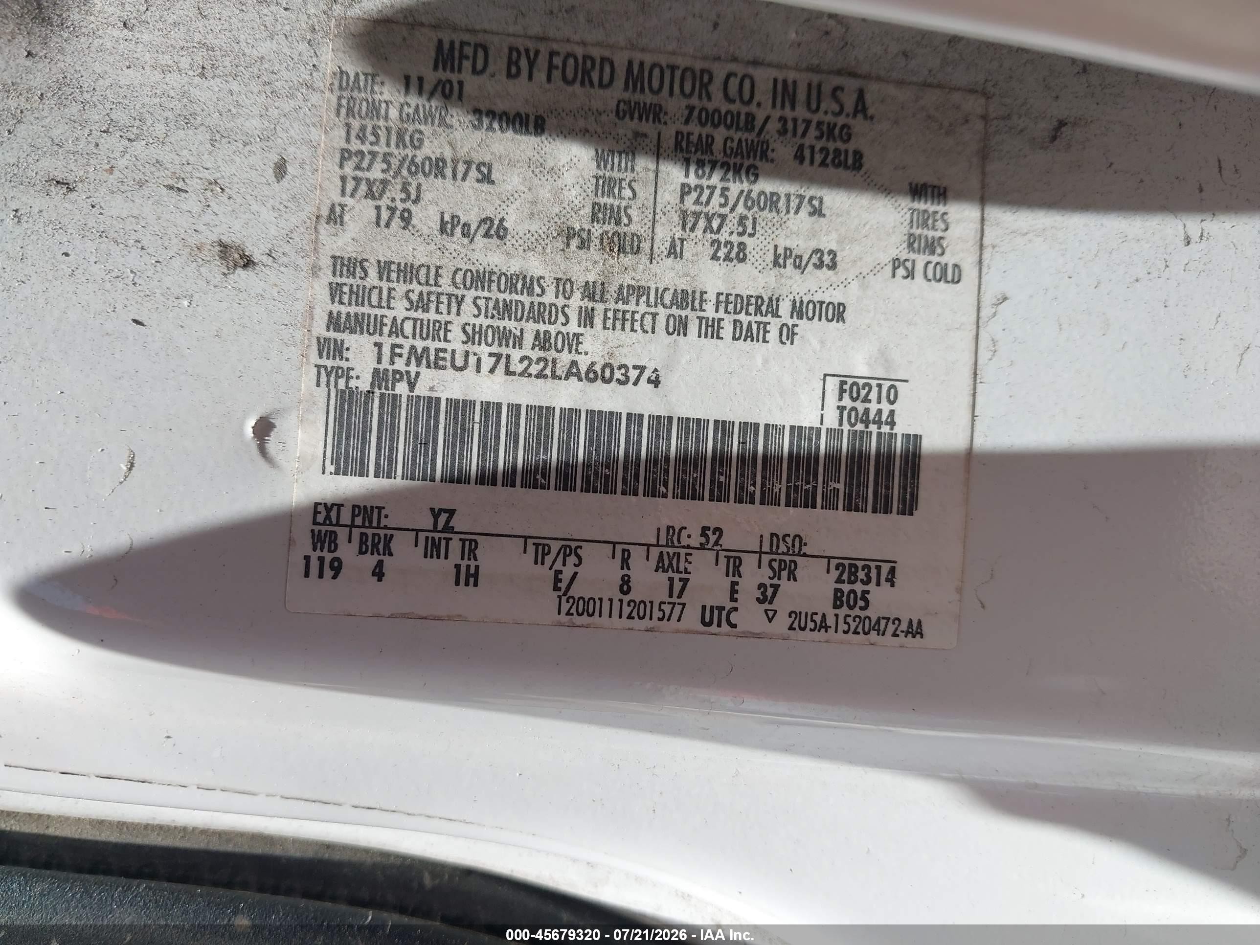 2002 Ford Expedition Eddie Bauer White vin: 1FMEU17L22LA60374