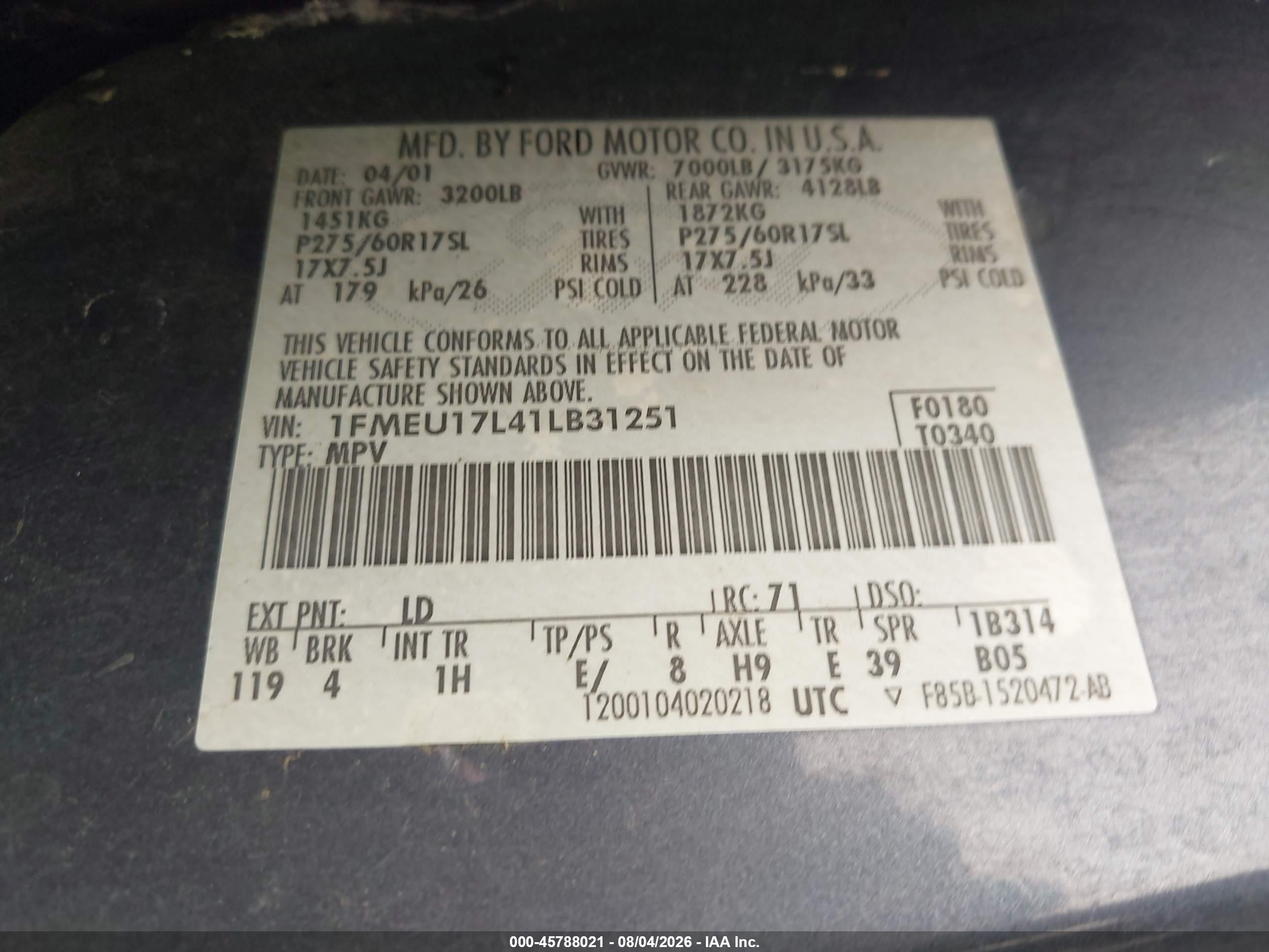 2001 Ford Expedition Eddie Bauer Blue vin: 1FMEU17L41LB31251