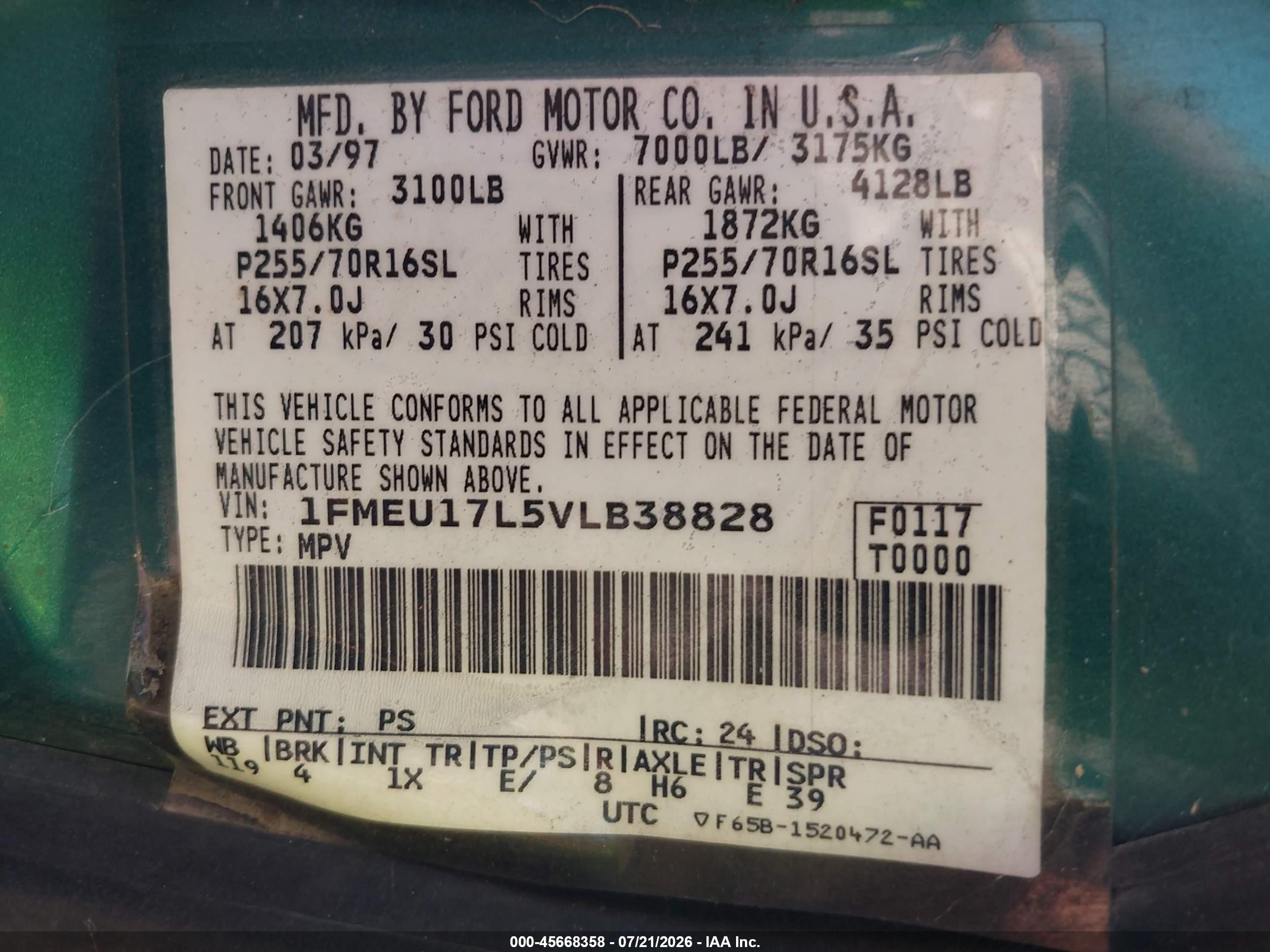 1997 Ford Expedition Eddie Bauer/xlt Green vin: 1FMEU17L5VLB38828