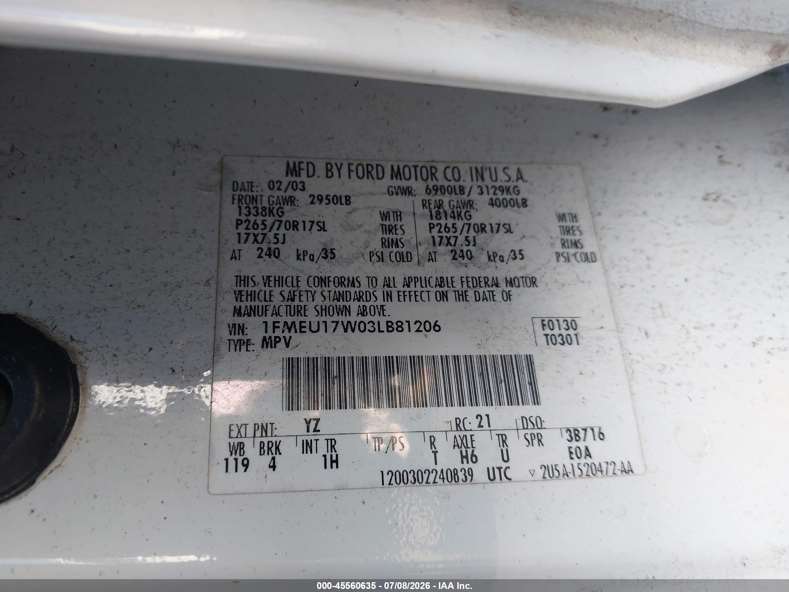 2003 Ford Expedition Eddie Bauer White vin: 1FMEU17W03LB81206