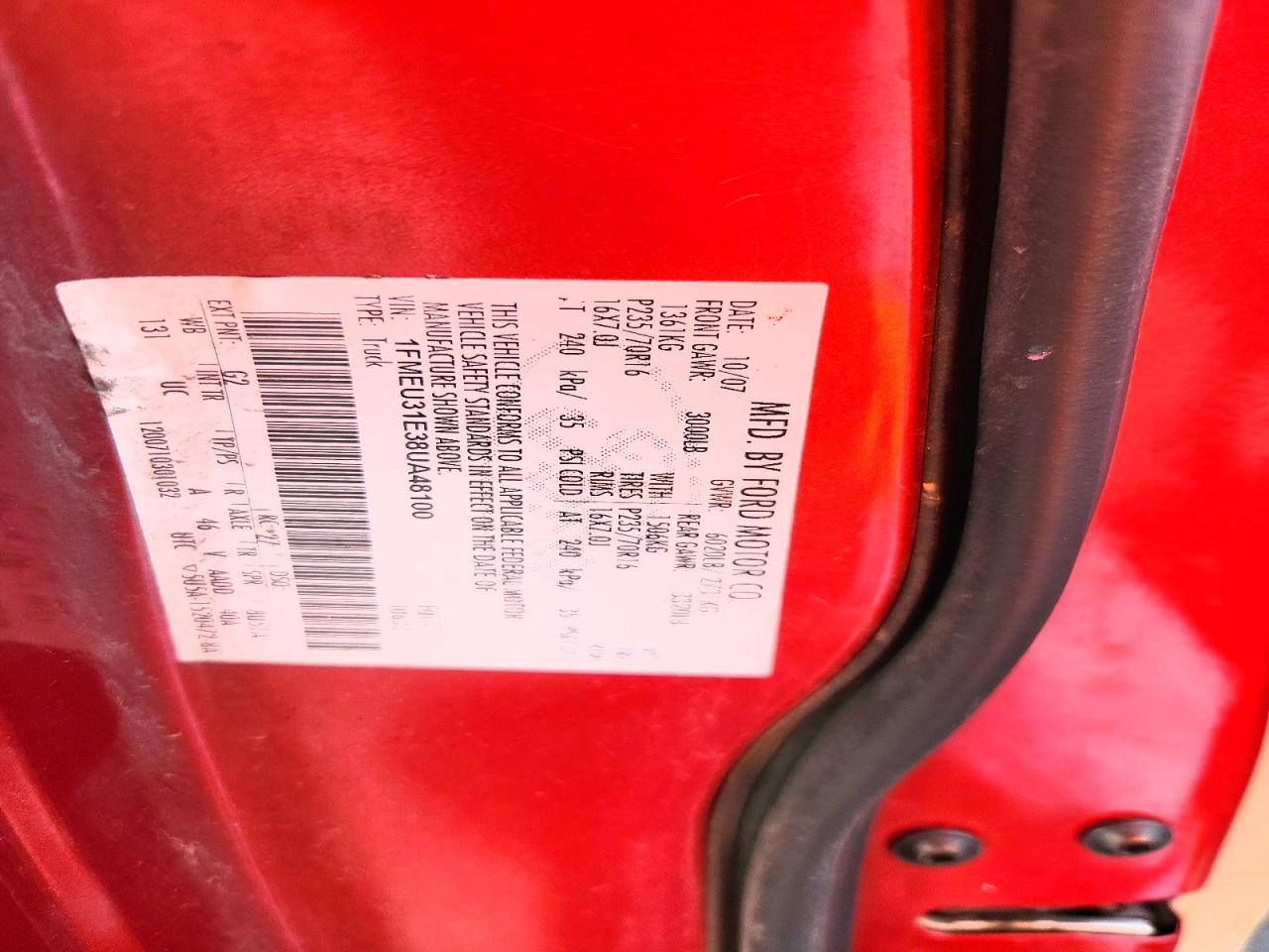 2008 Ford Explorer Sport Trac Xlt Red vin: 1FMEU31E38UA48100