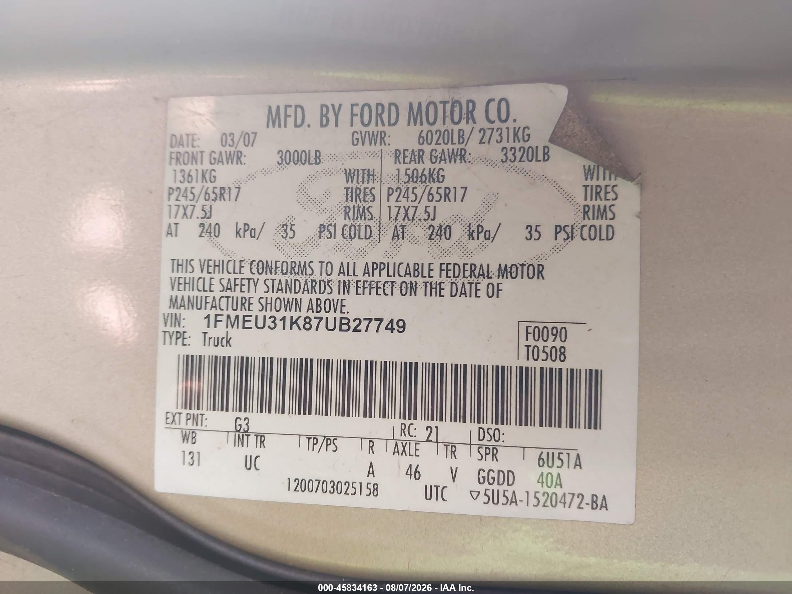 2007 Ford Explorer Sport Trac Xlt Tan vin: 1FMEU31K87UB27749