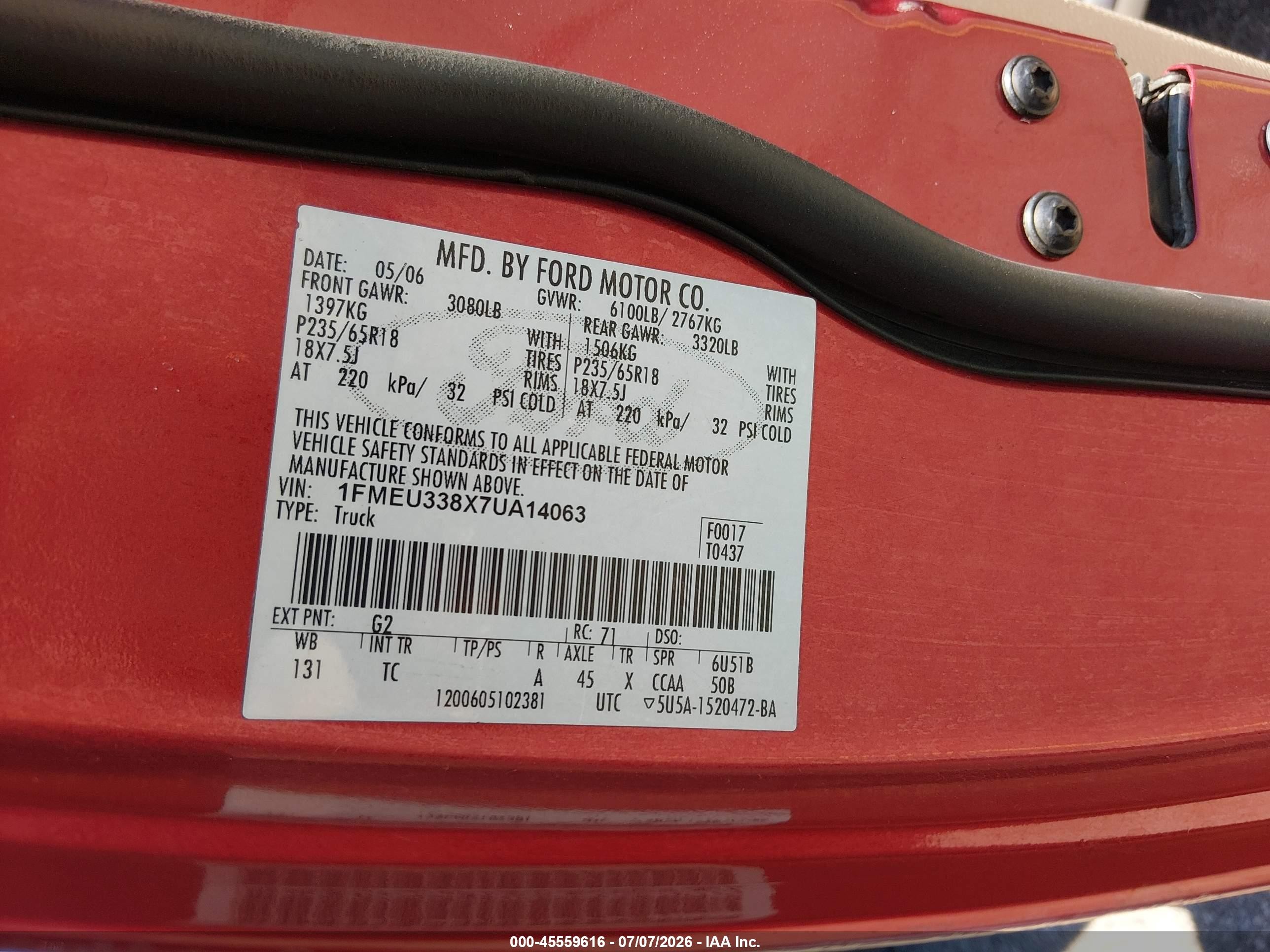2007 Ford Explorer Sport Trac Limited Red vin: 1FMEU338X7UA14063