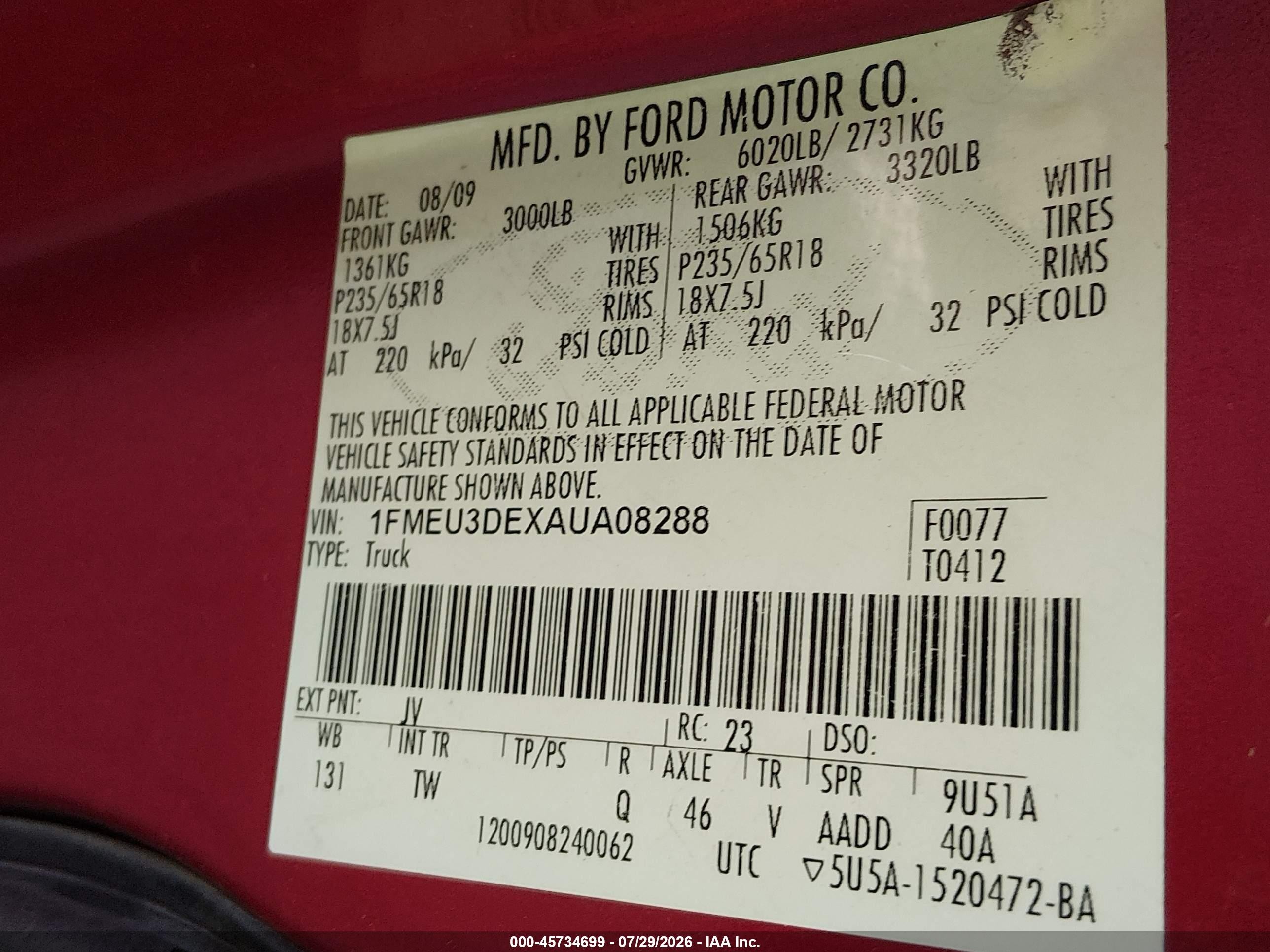 2010 Ford Explorer Sport Trac Limited Red vin: 1FMEU3DEXAUA08288