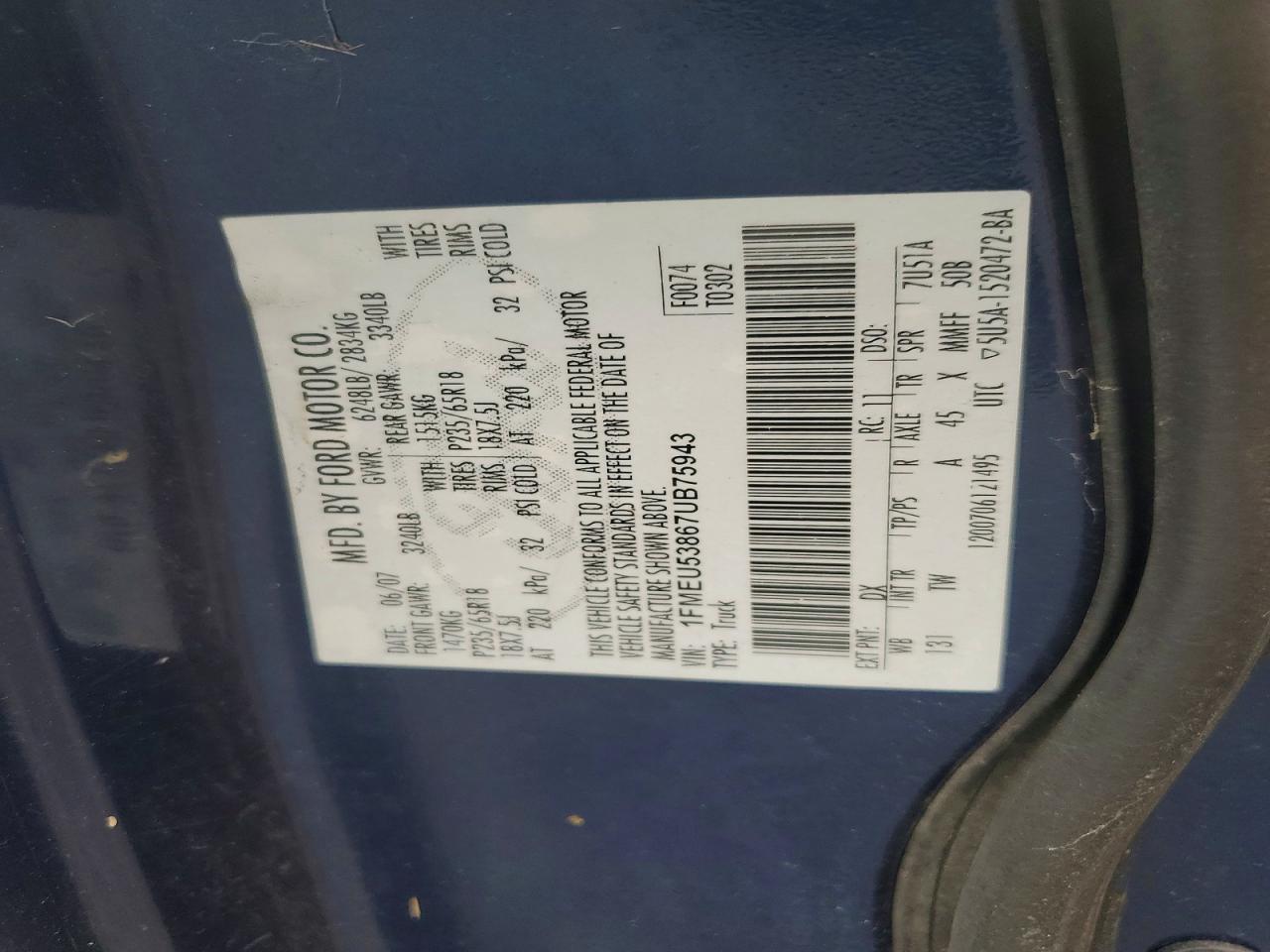 2007 Ford Explorer Sport Trac Limited Blue vin: 1FMEU53867UB75943