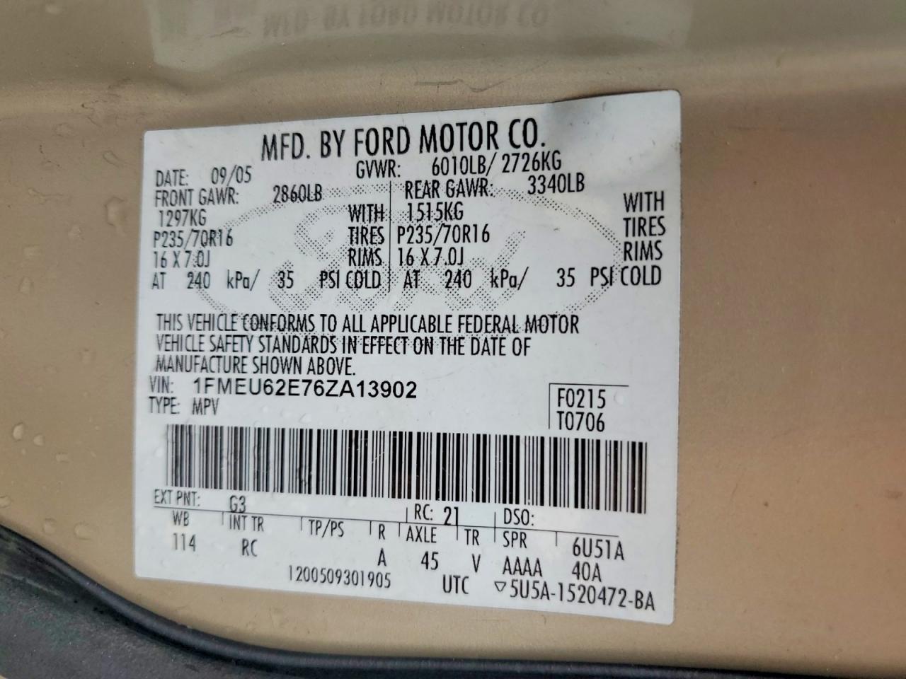 2006 Ford Explorer Xls Cream vin: 1FMEU62E76ZA13902