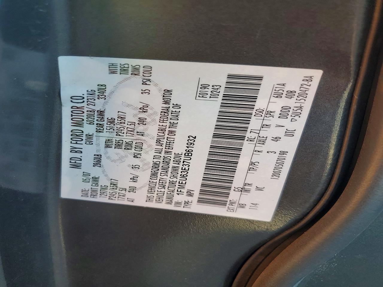 2007 Ford Explorer Xlt Угольный vin: 1FMEU63E37UB61932