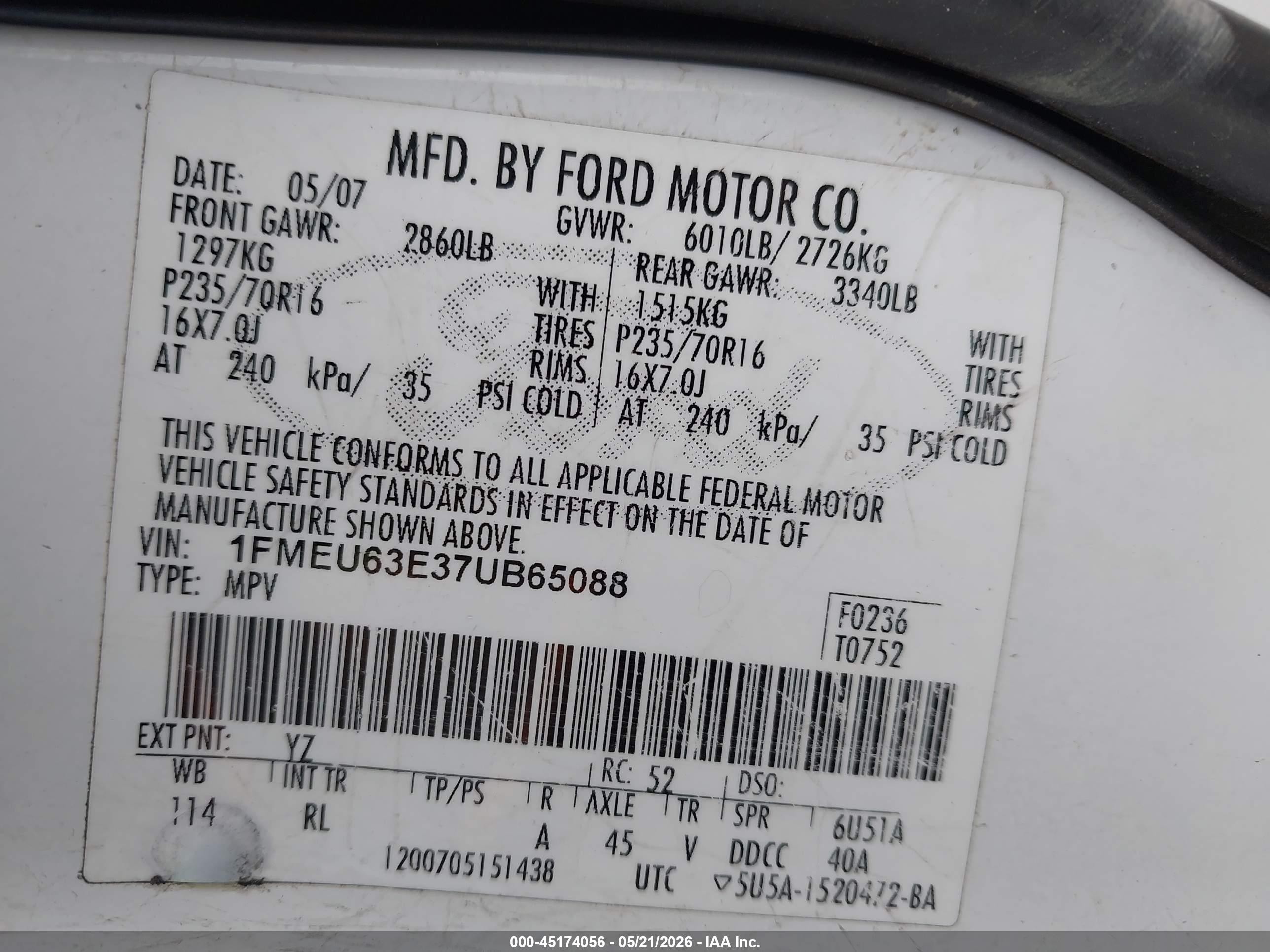 2007 Ford Explorer Xlt White vin: 1FMEU63E37UB65088