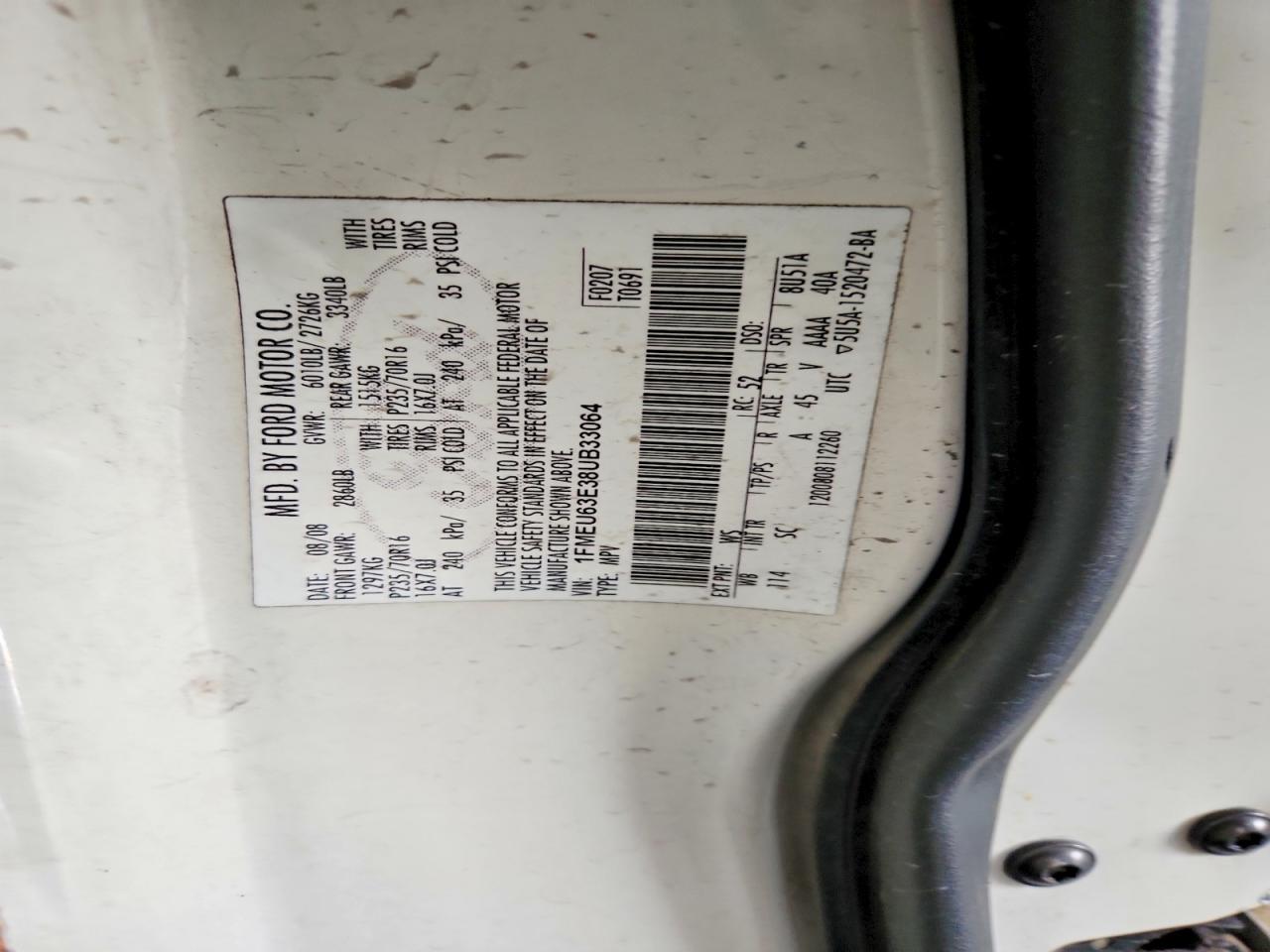 2008 Ford Explorer Xlt White vin: 1FMEU63E38UB33064