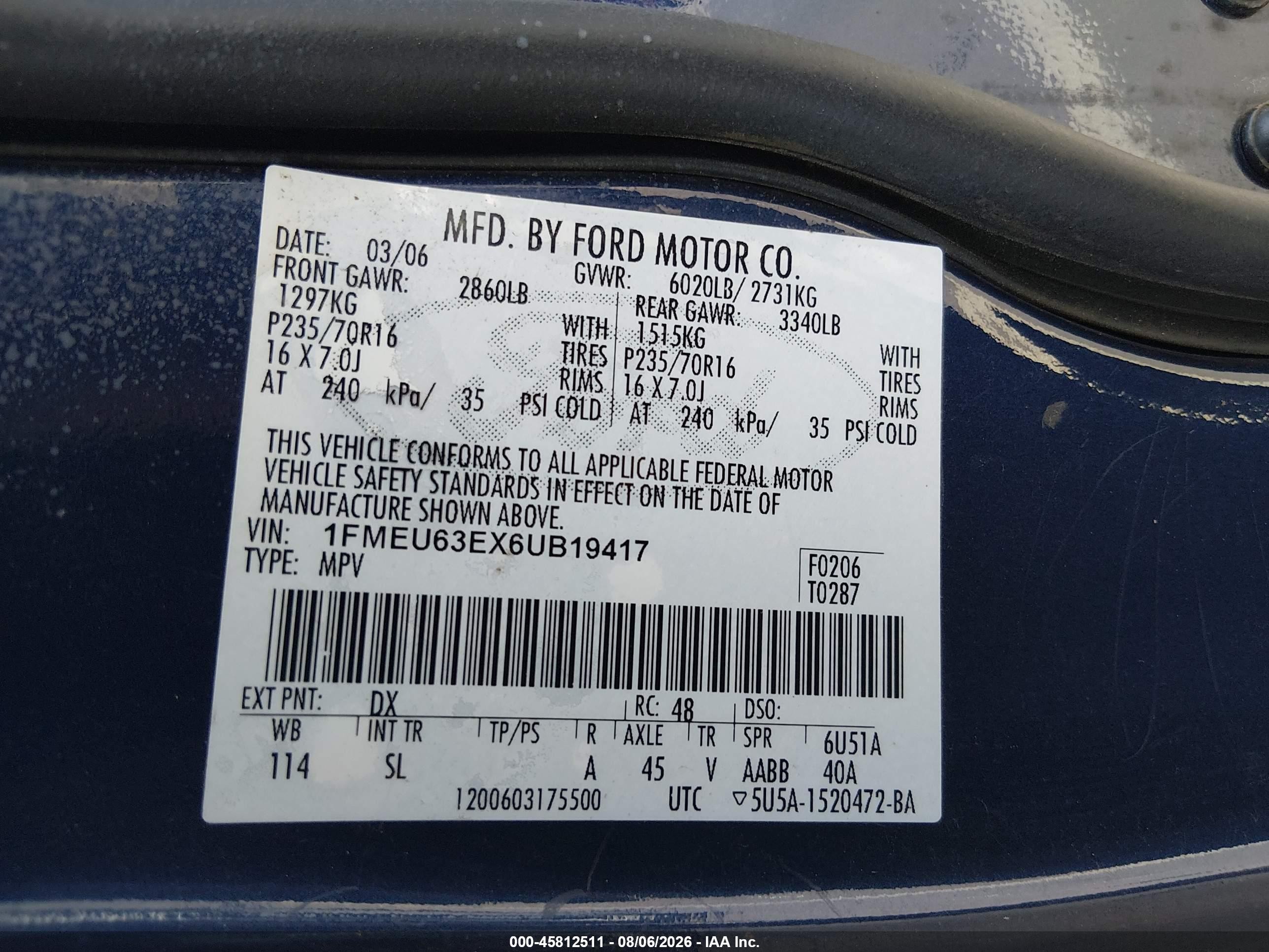 2006 Ford Explorer Xlt Blue vin: 1FMEU63EX6UB19417