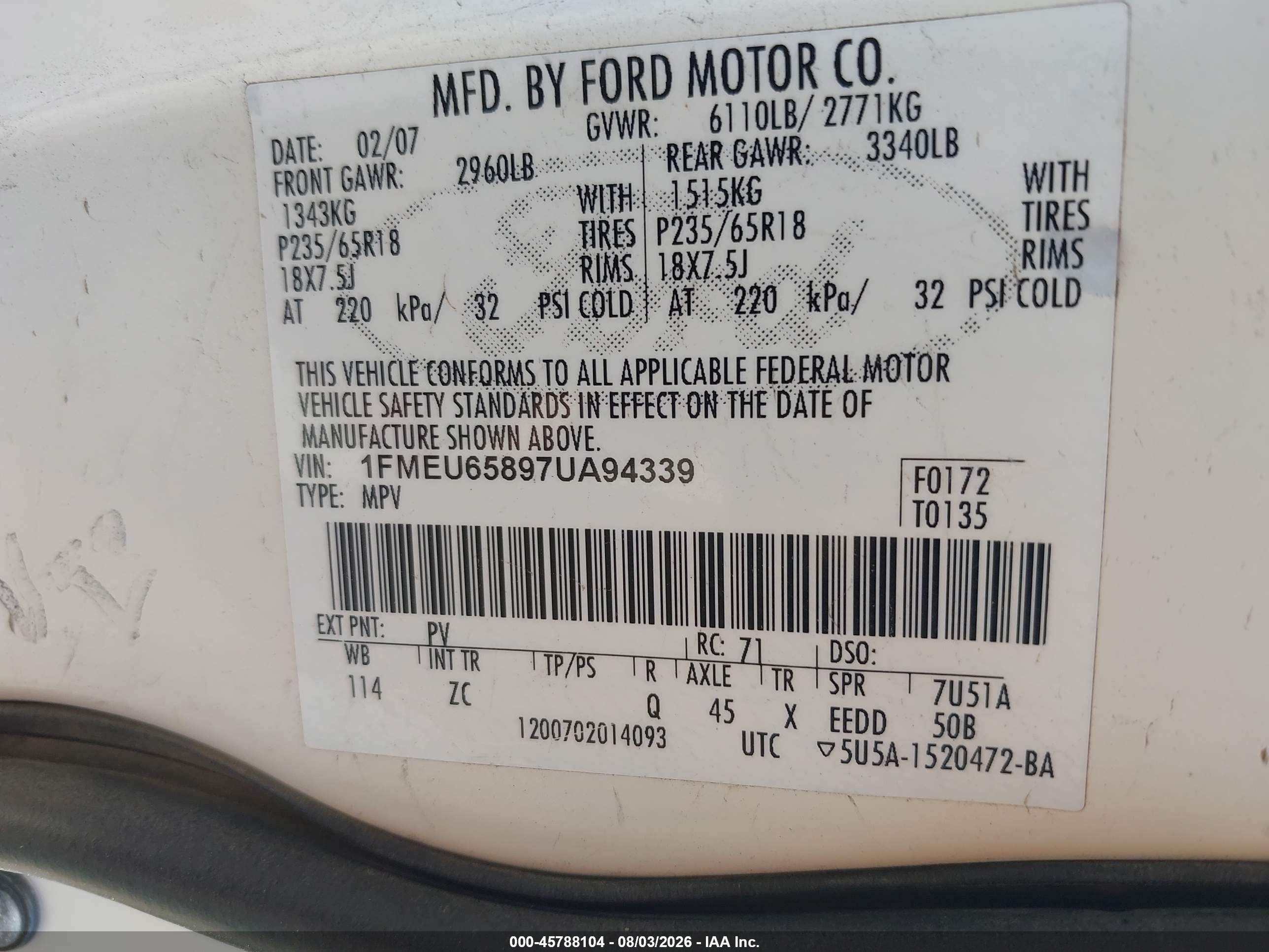 2007 Ford Explorer Limited White vin: 1FMEU65897UA94339