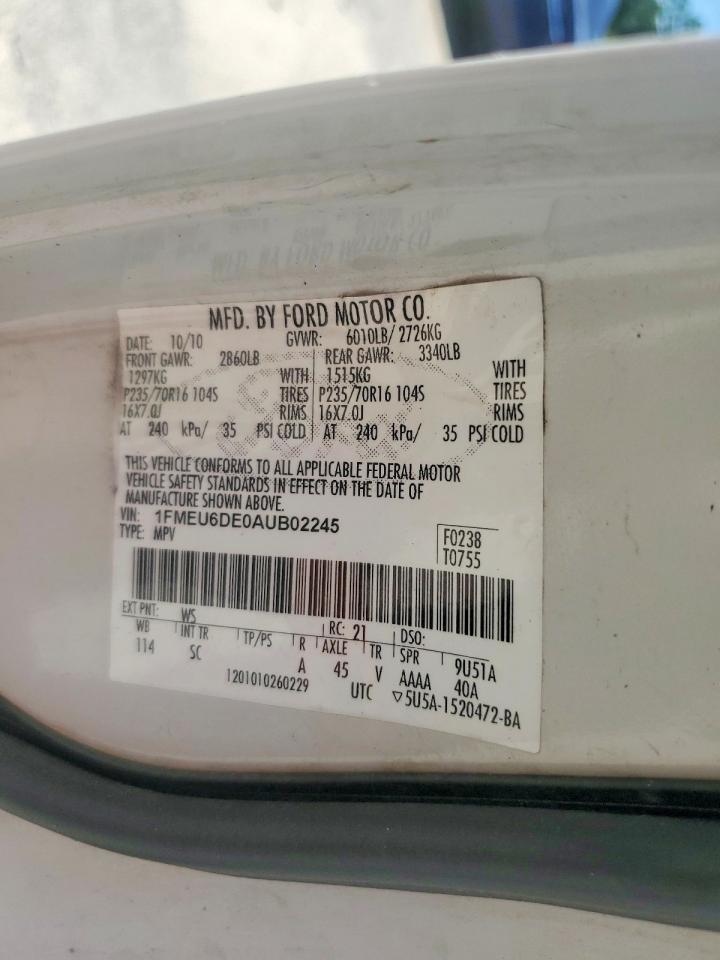 2010 Ford Explorer Xlt White vin: 1FMEU6DE0AUB02245