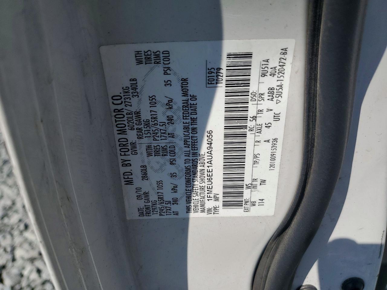 2010 Ford Explorer Eddie Bauer White vin: 1FMEU6EE1AUA94056