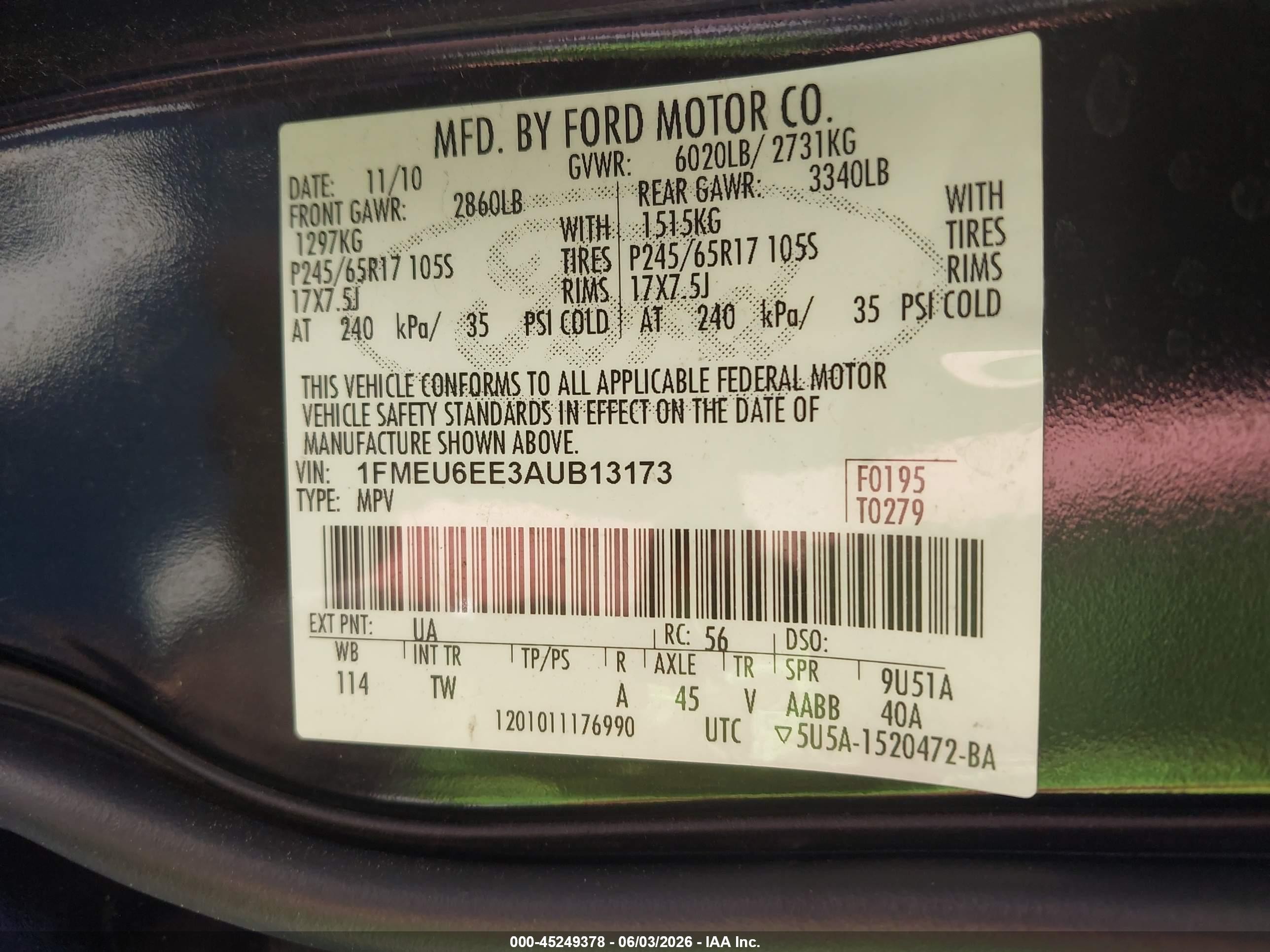 2010 Ford Explorer Eddie Bauer Black vin: 1FMEU6EE3AUB13173