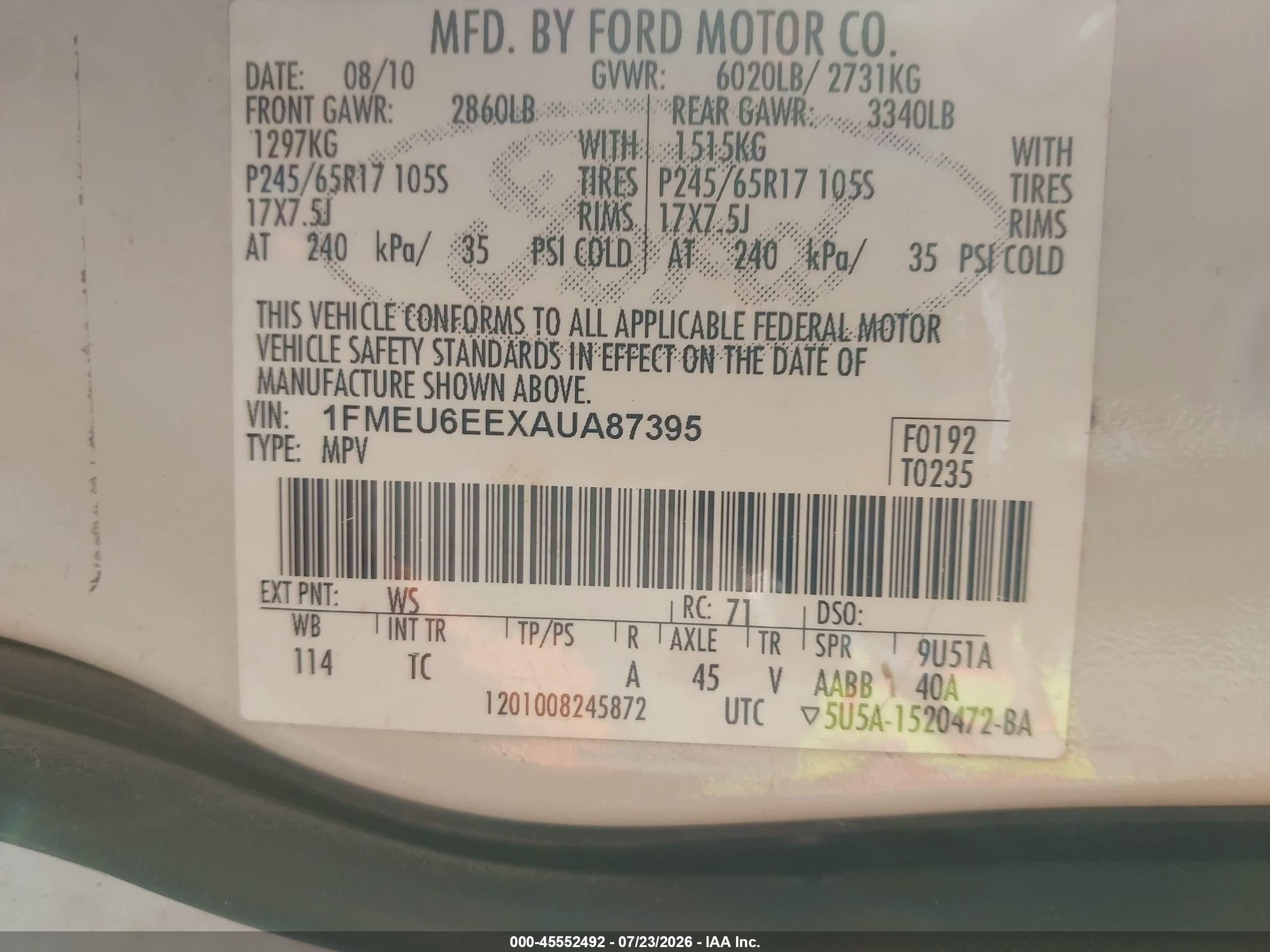 2010 Ford Explorer Eddie Bauer White vin: 1FMEU6EEXAUA87395
