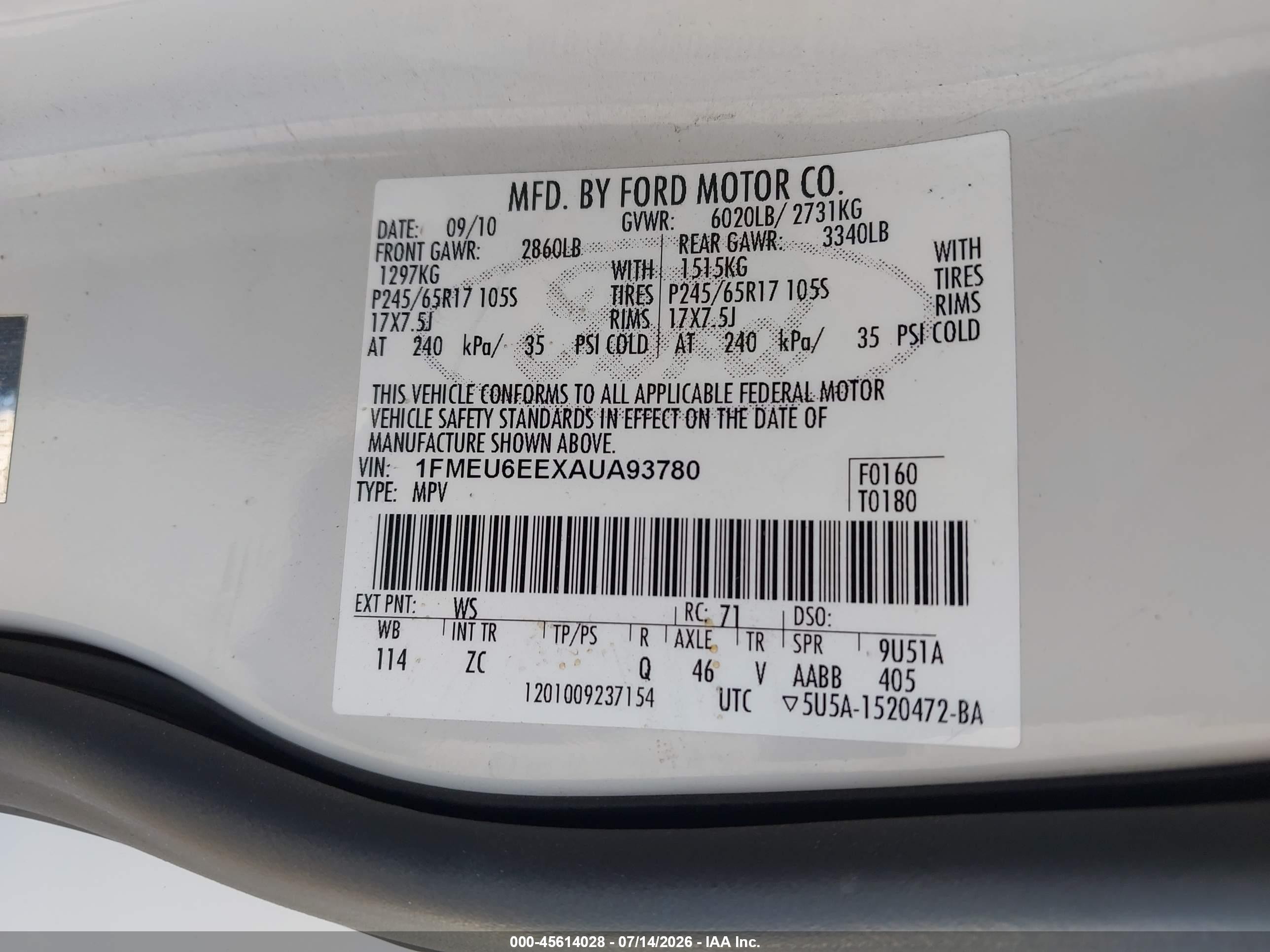2010 Ford Explorer Eddie Bauer White vin: 1FMEU6EEXAUA93780