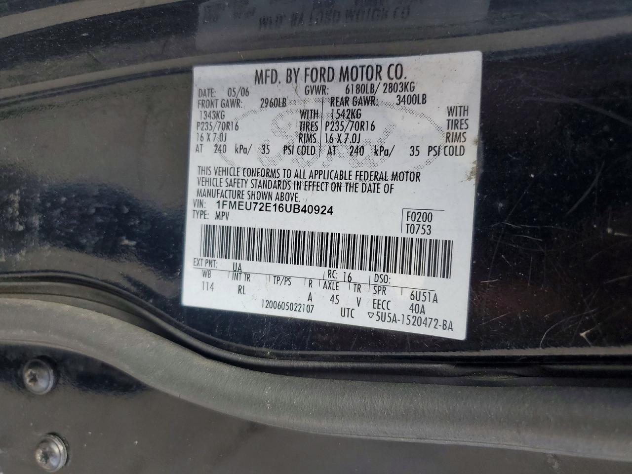 2006 Ford Explorer Xls Black vin: 1FMEU72E16UB40924