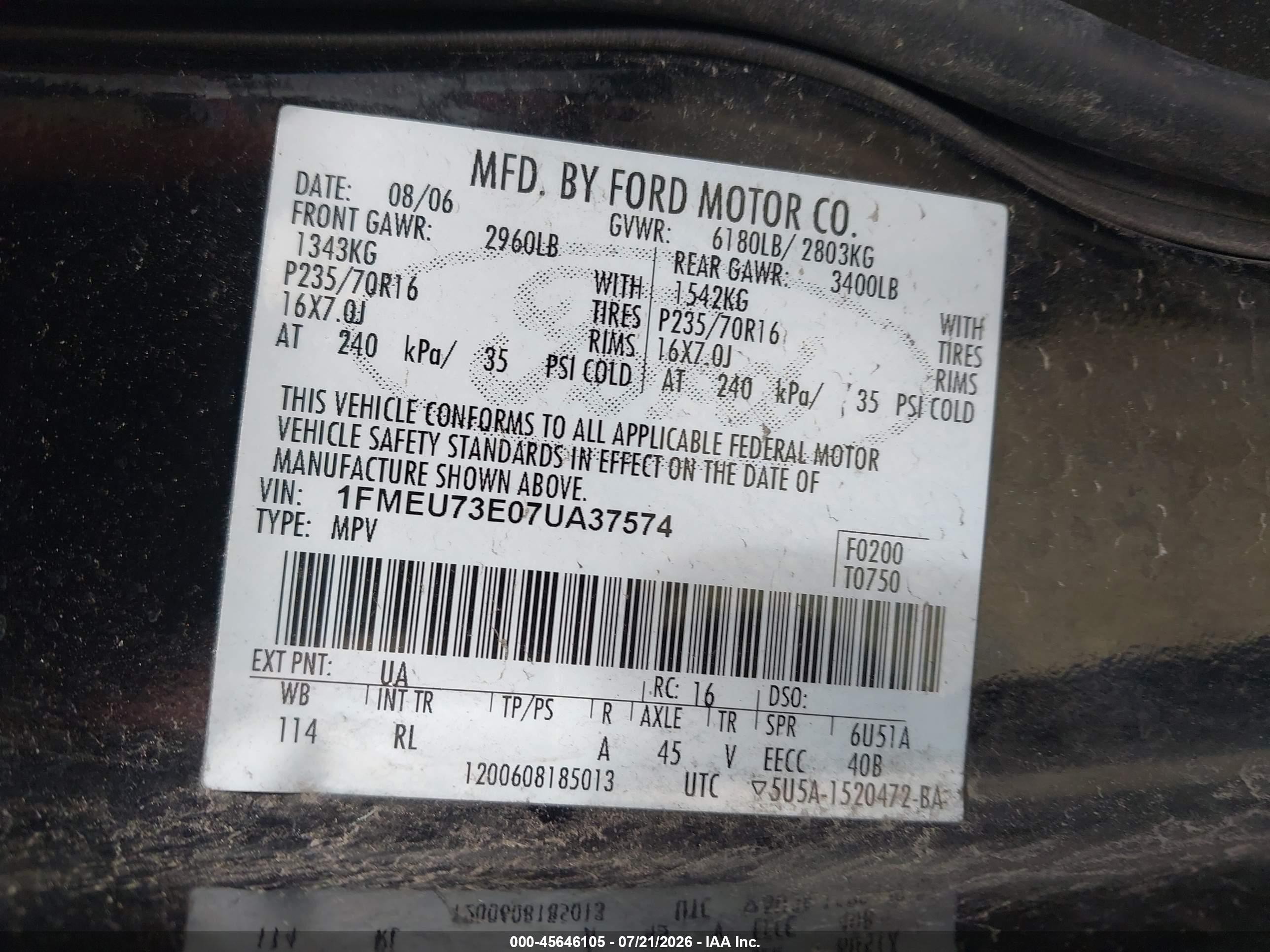 2007 Ford Explorer Xlt Black vin: 1FMEU73E07UA37574