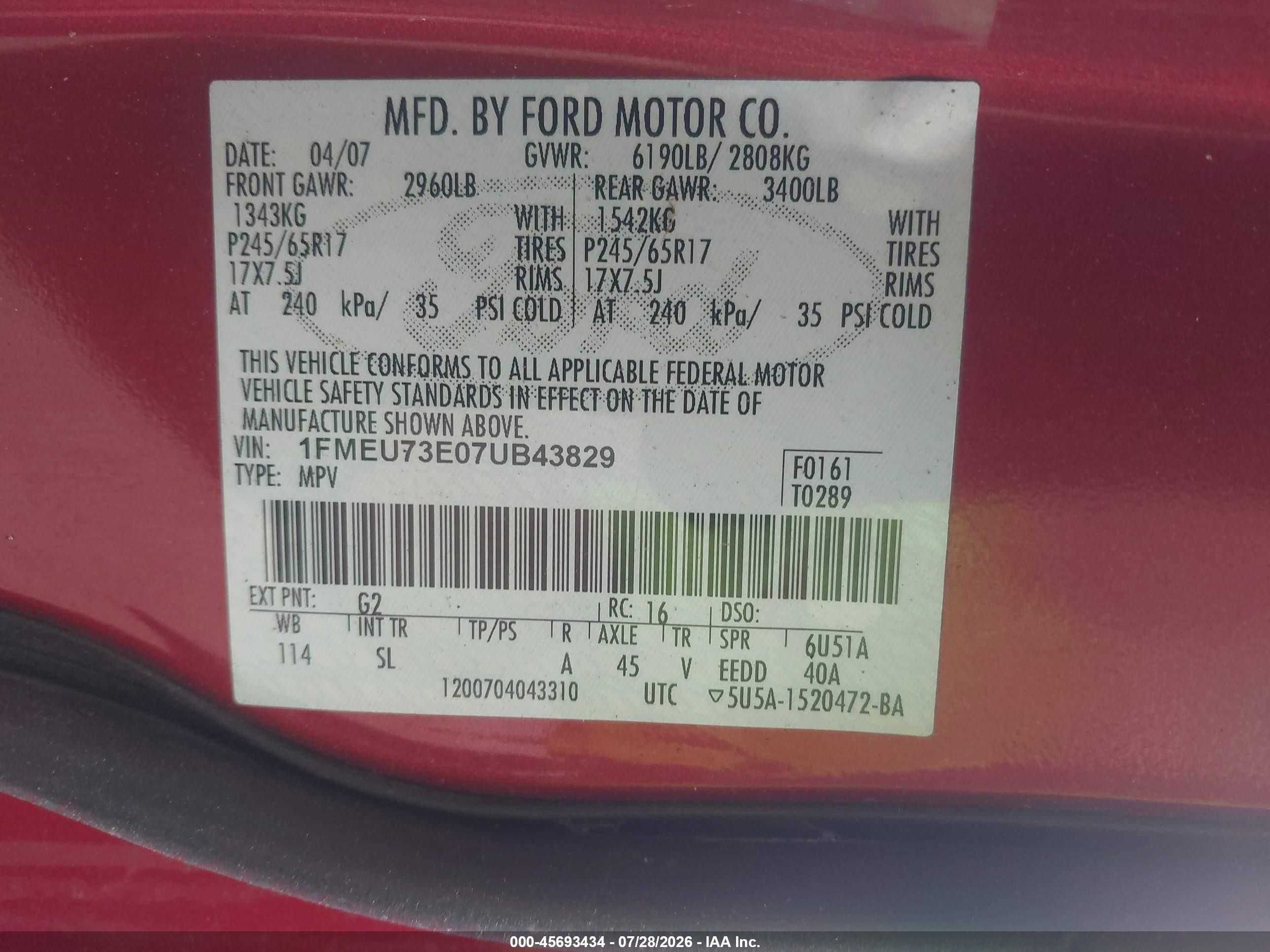 2007 Ford Explorer Xlt Red vin: 1FMEU73E07UB43829