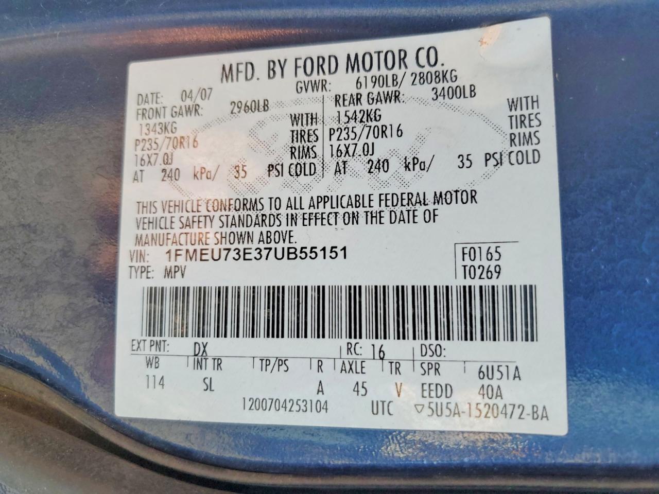 2007 Ford Explorer Xlt Blue vin: 1FMEU73E37UB55151
