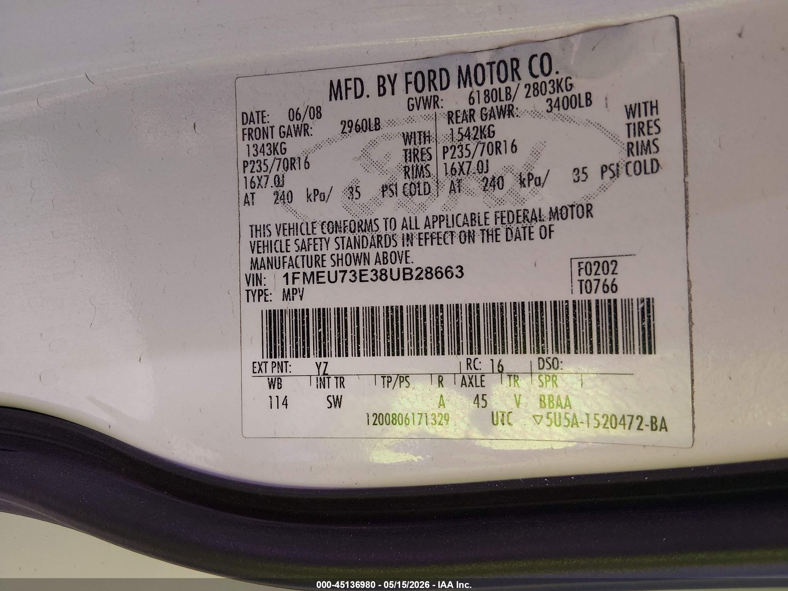 2008 Ford Explorer Xlt White vin: 1FMEU73E38UB28663