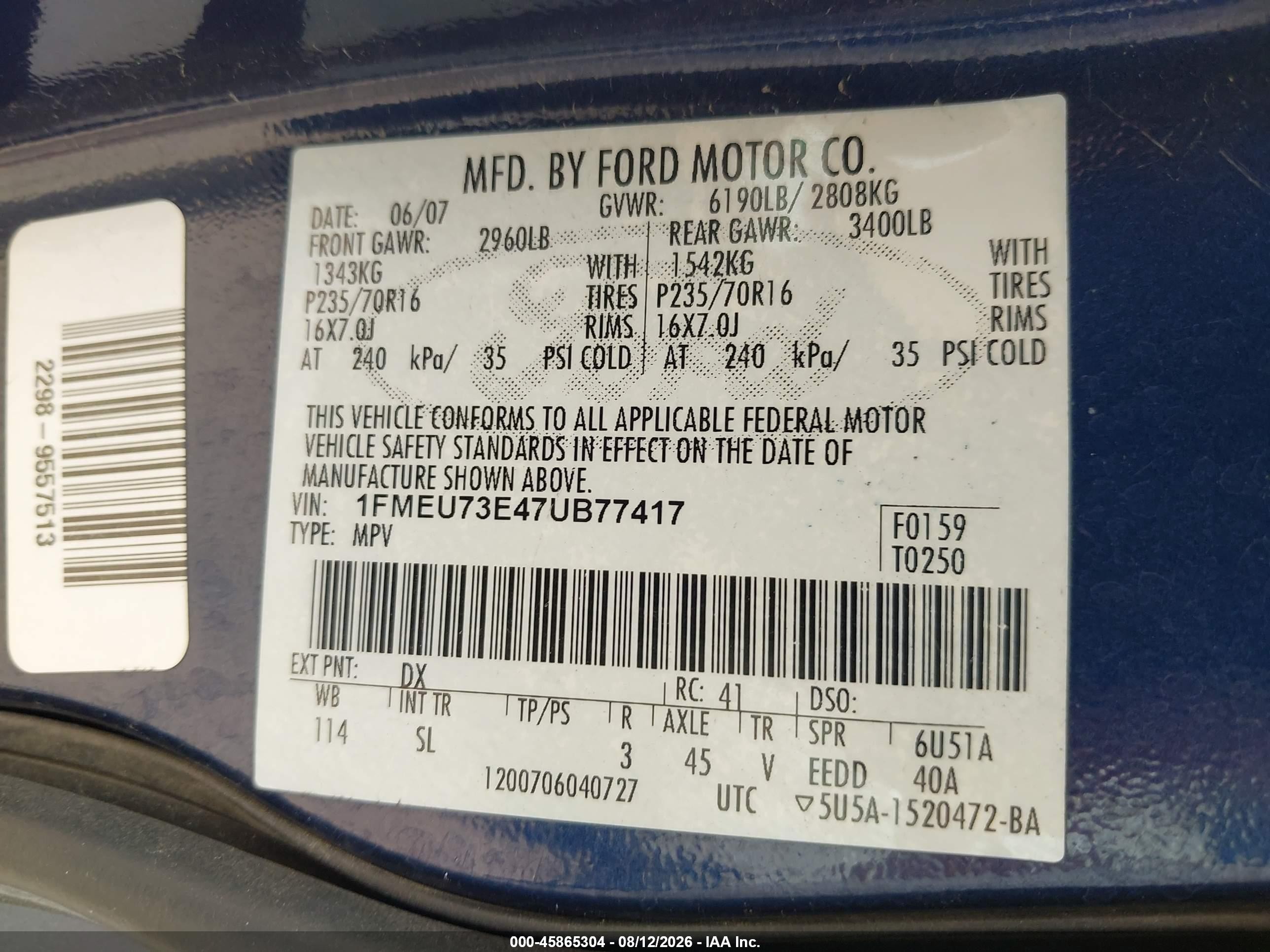 2007 Ford Explorer Xlt Blue vin: 1FMEU73E47UB77417