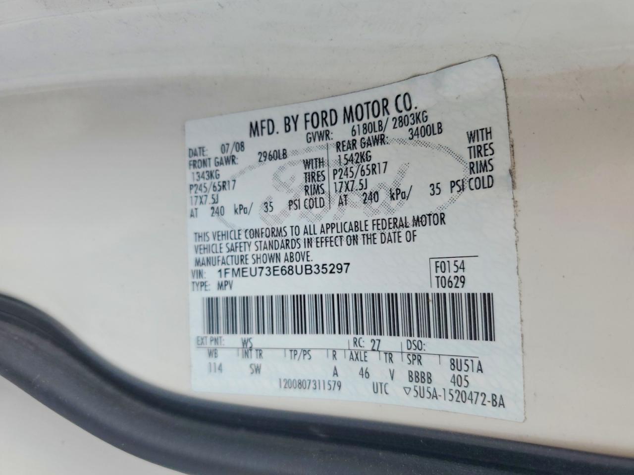 2008 Ford Explorer Xlt White vin: 1FMEU73E68UB35297