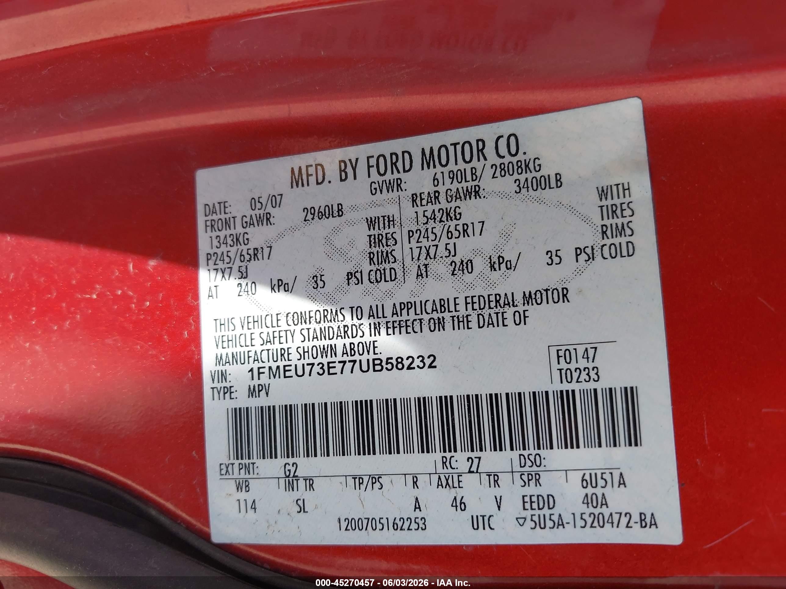 2007 Ford Explorer Xlt Red vin: 1FMEU73E77UB58232