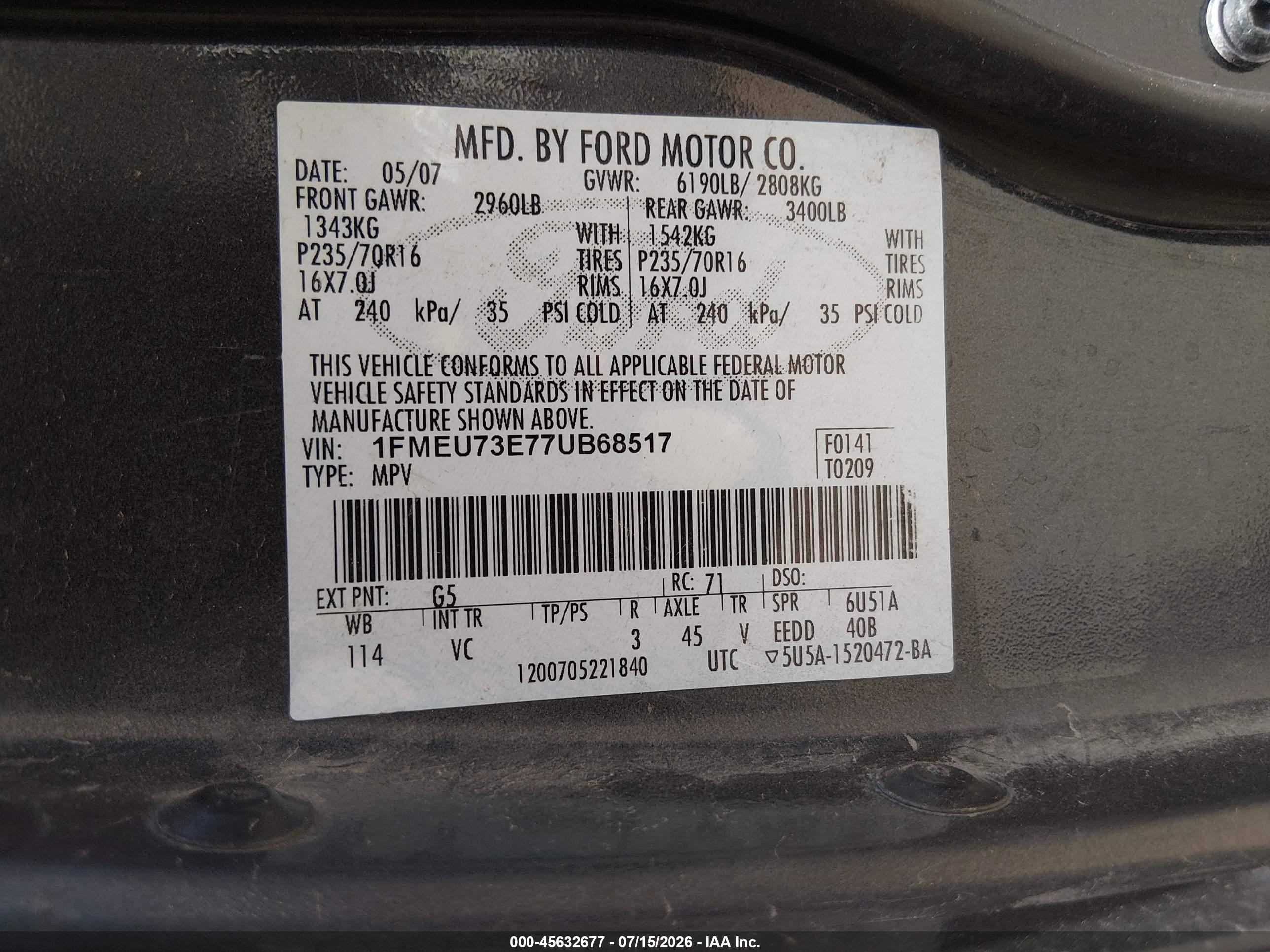 2007 Ford Explorer Xlt Gray vin: 1FMEU73E77UB68517