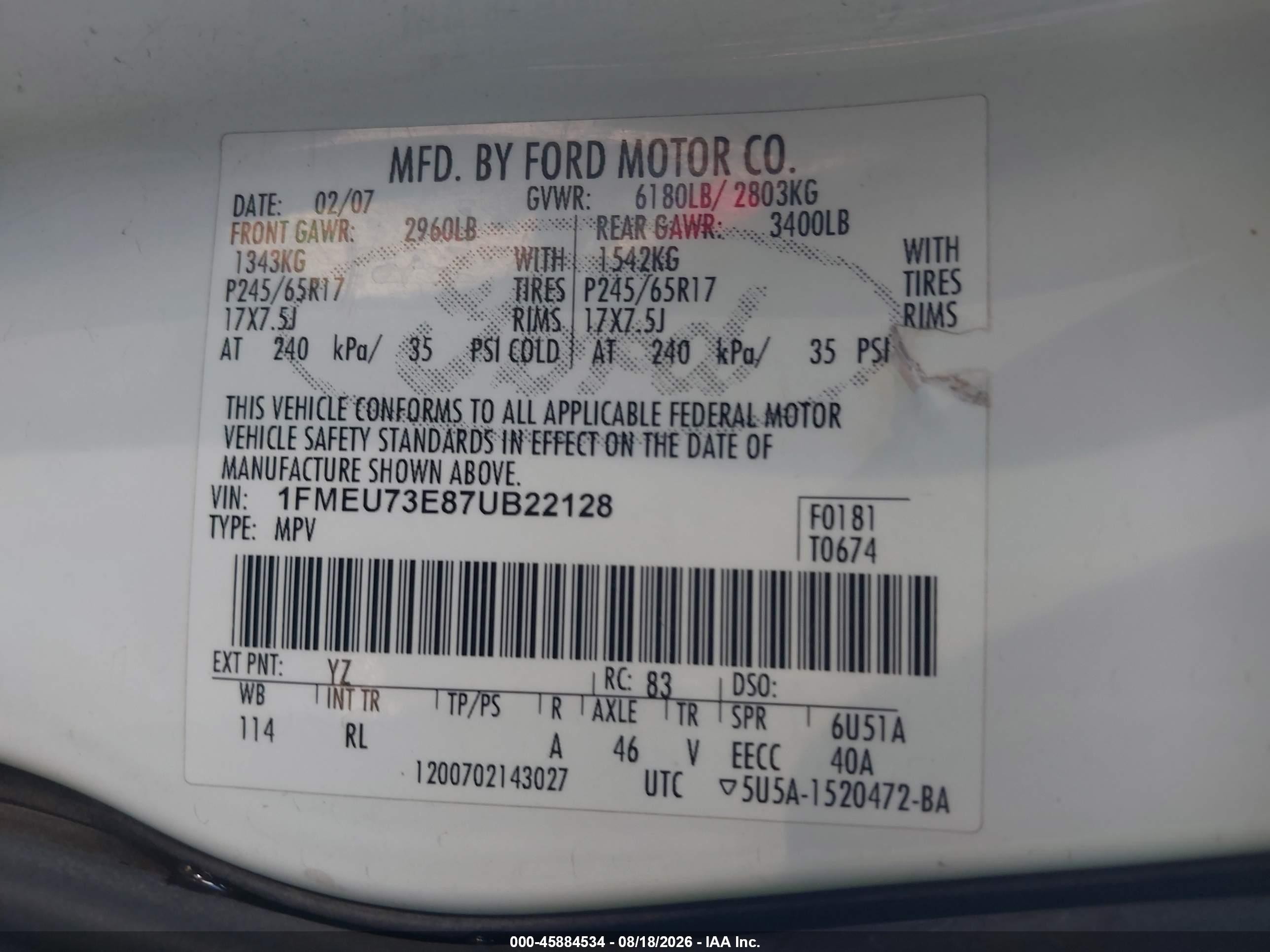 2007 Ford Explorer Xlt White vin: 1FMEU73E87UB22128