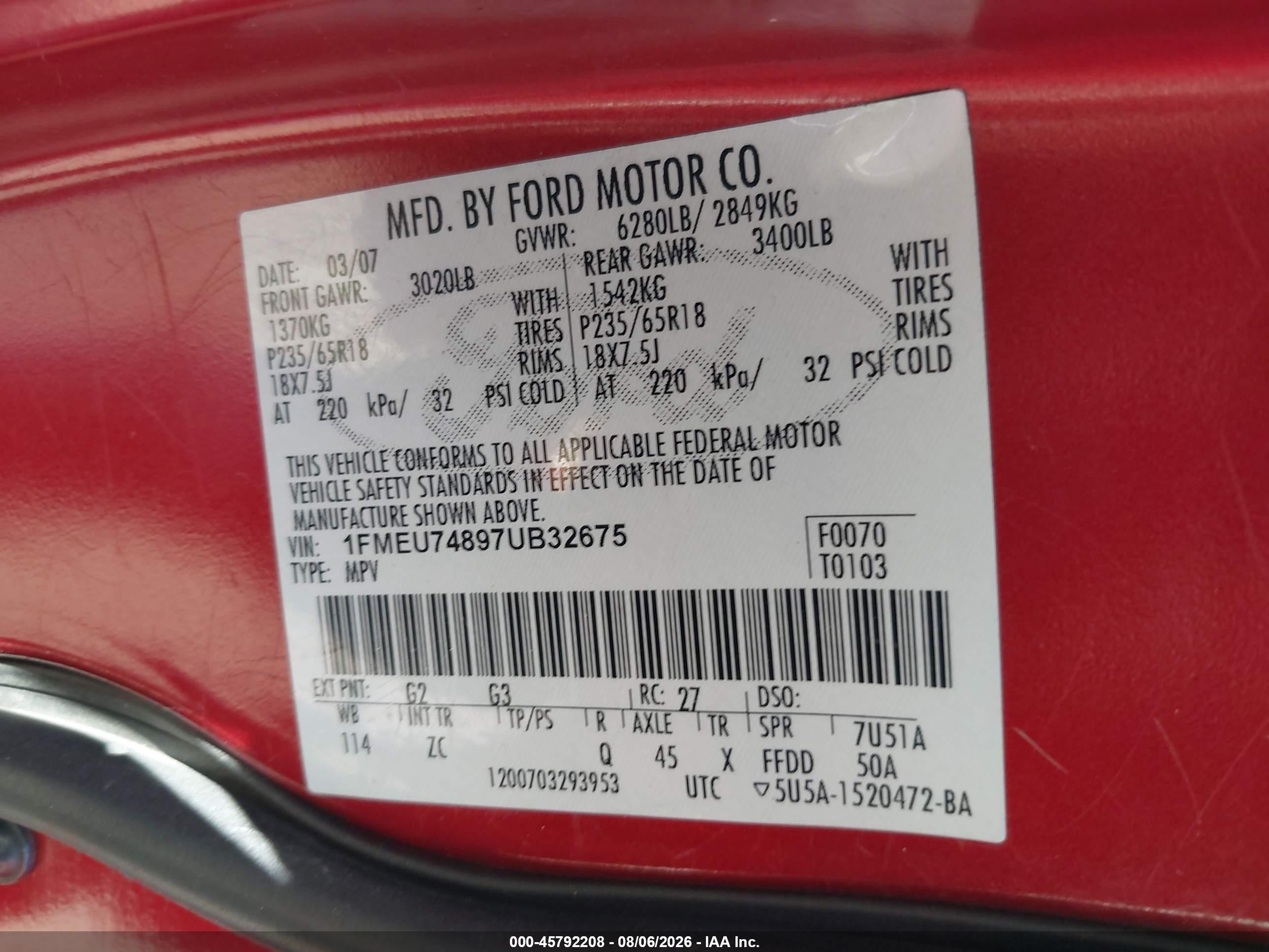 2007 Ford Explorer Eddie Bauer Red vin: 1FMEU74897UB32675