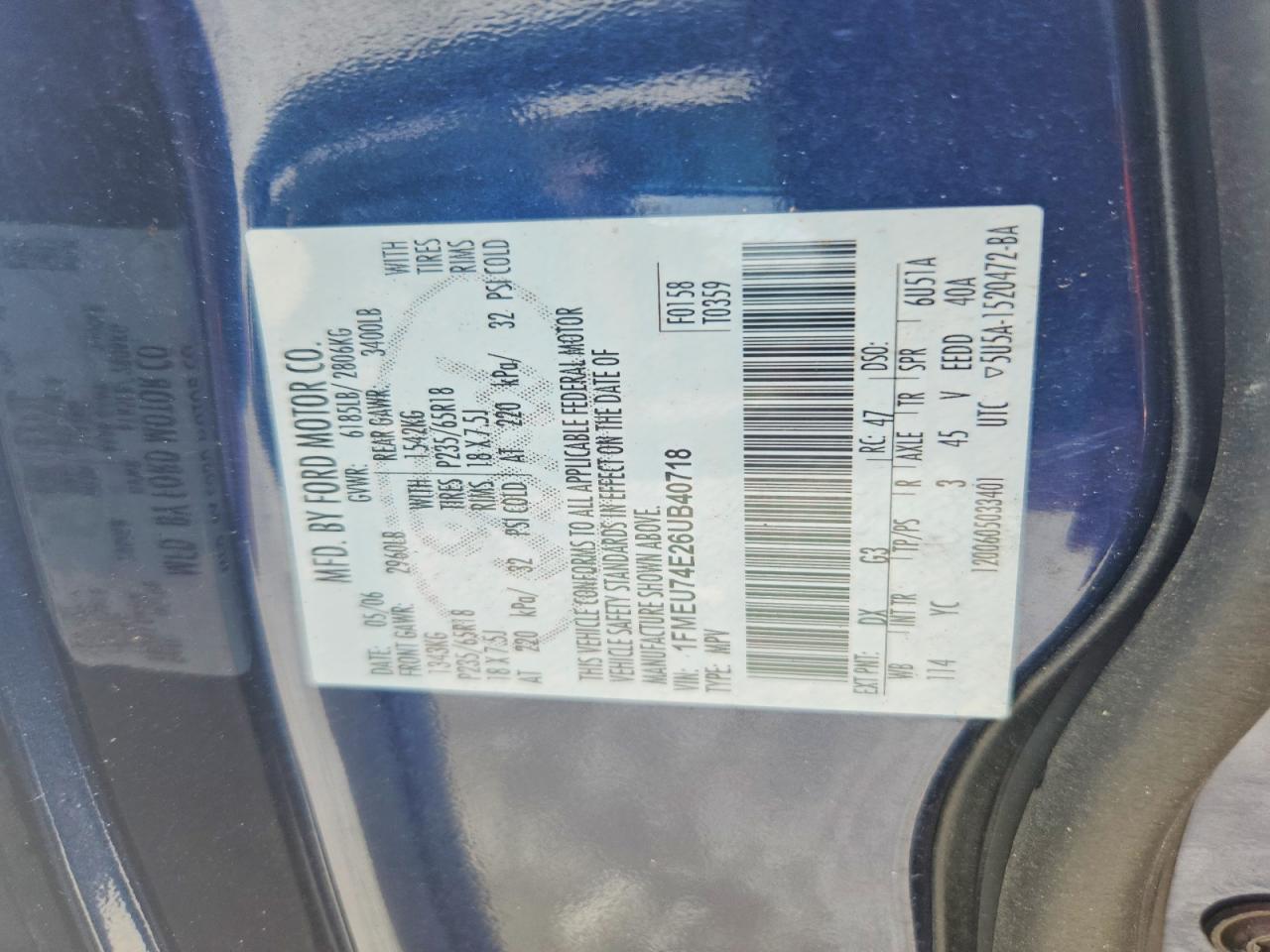 2006 Ford Explorer Eddie Bauer Blue vin: 1FMEU74E26UB40718