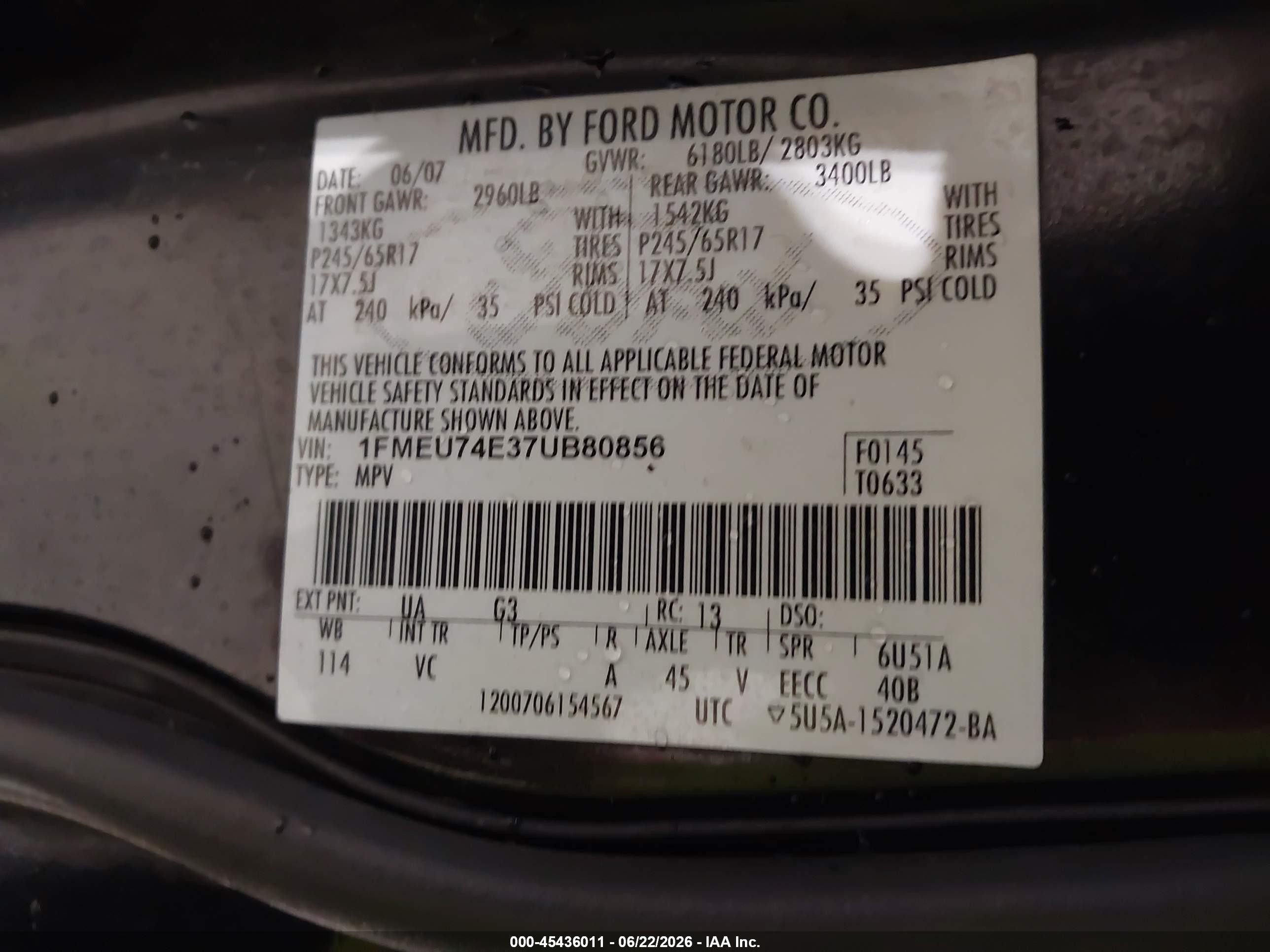 2007 Ford Explorer Eddie Bauer Black vin: 1FMEU74E37UB80856