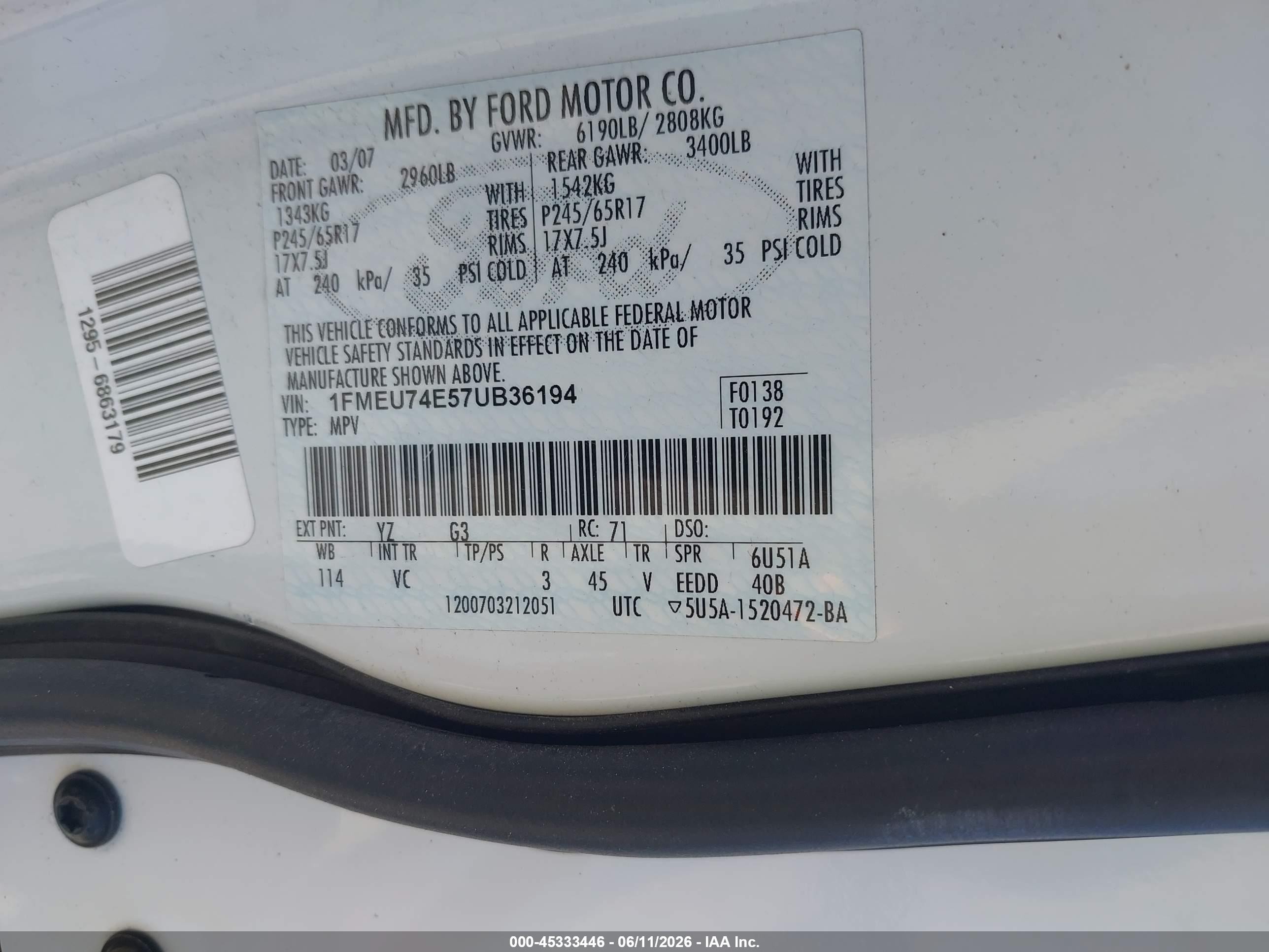 2007 Ford Explorer Eddie Bauer Белый vin: 1FMEU74E57UB36194
