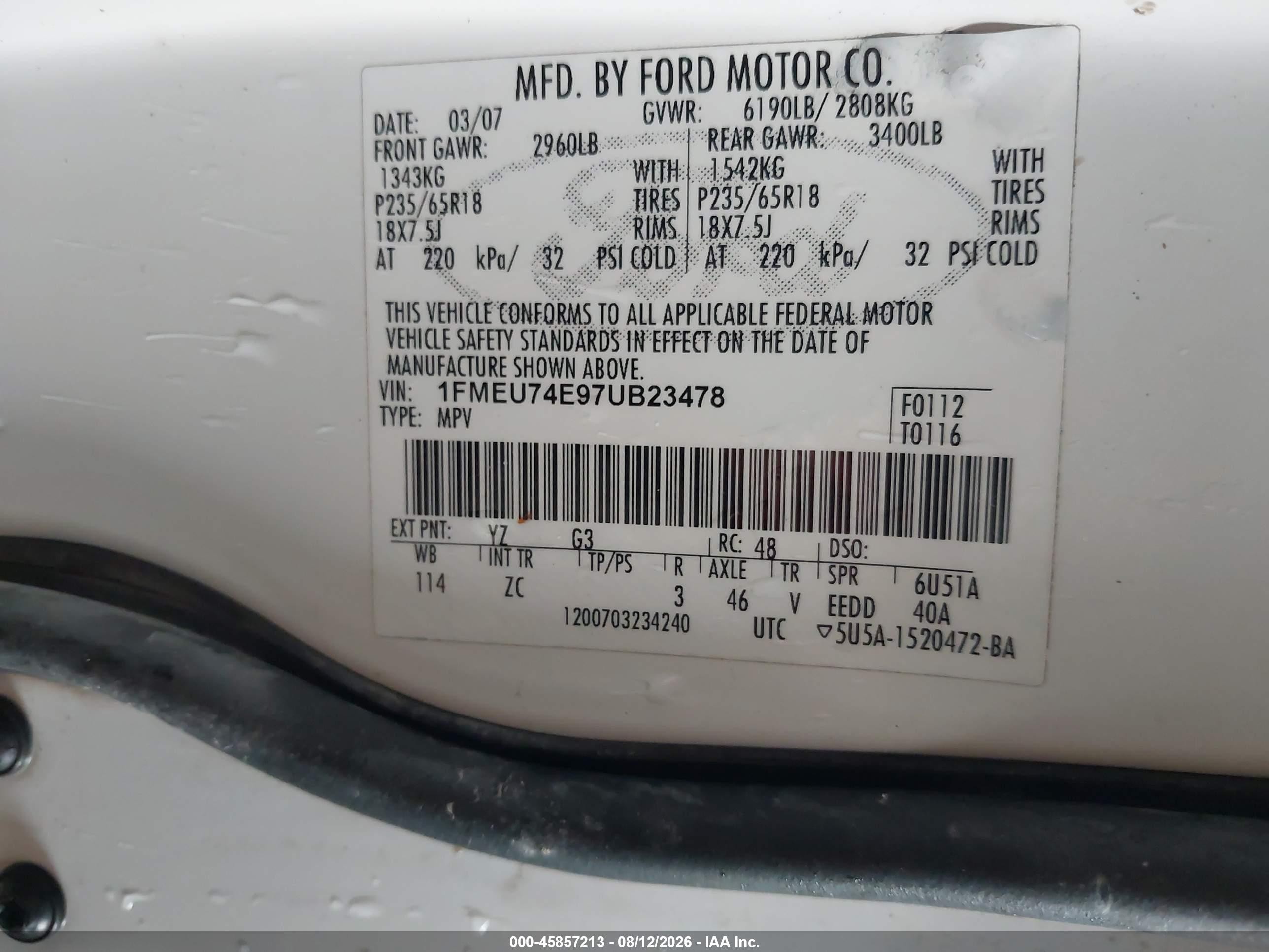 2007 Ford Explorer Eddie Bauer White vin: 1FMEU74E97UB23478