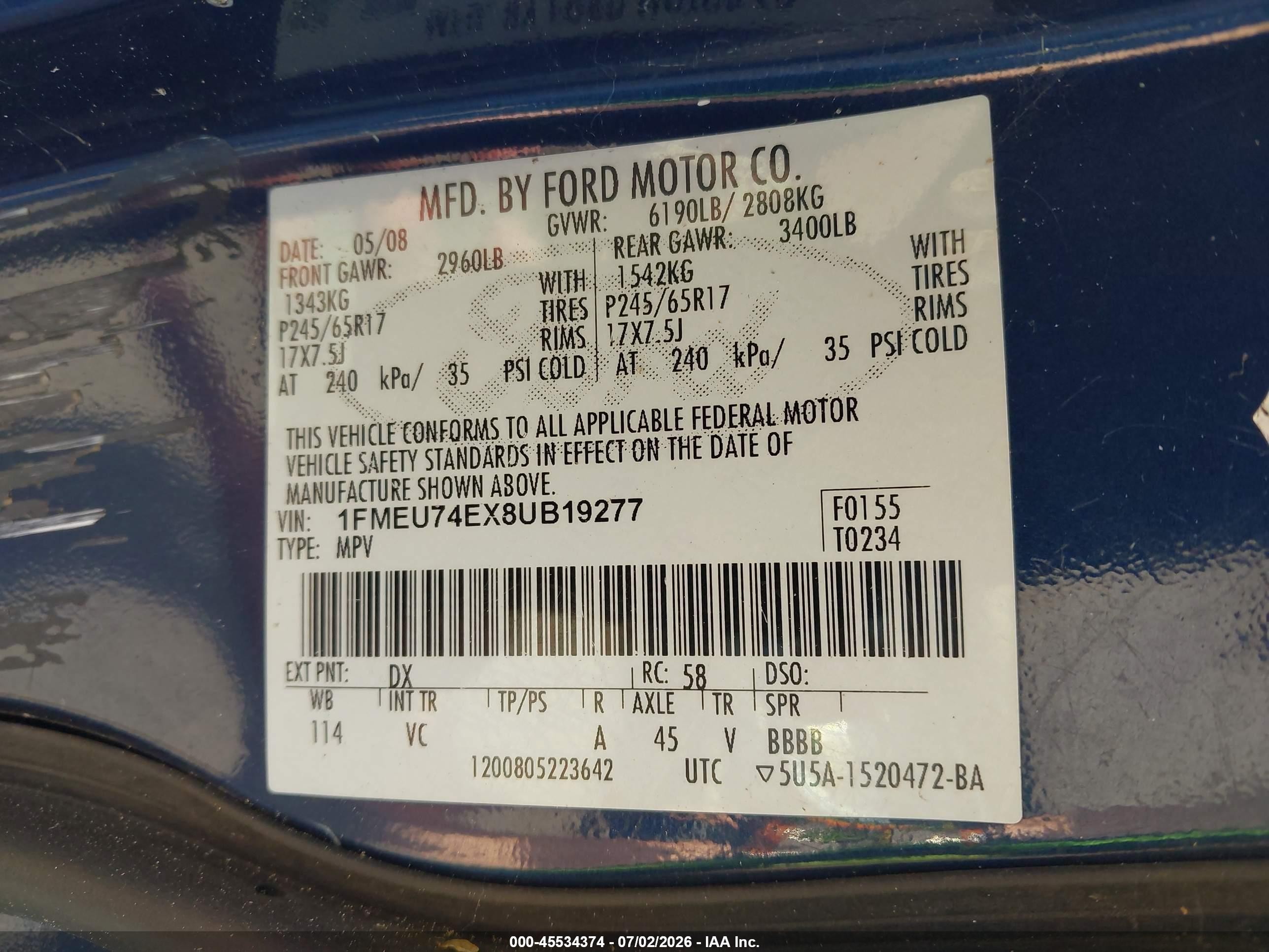 2008 Ford Explorer Eddie Bauer Blue vin: 1FMEU74EX8UB19277