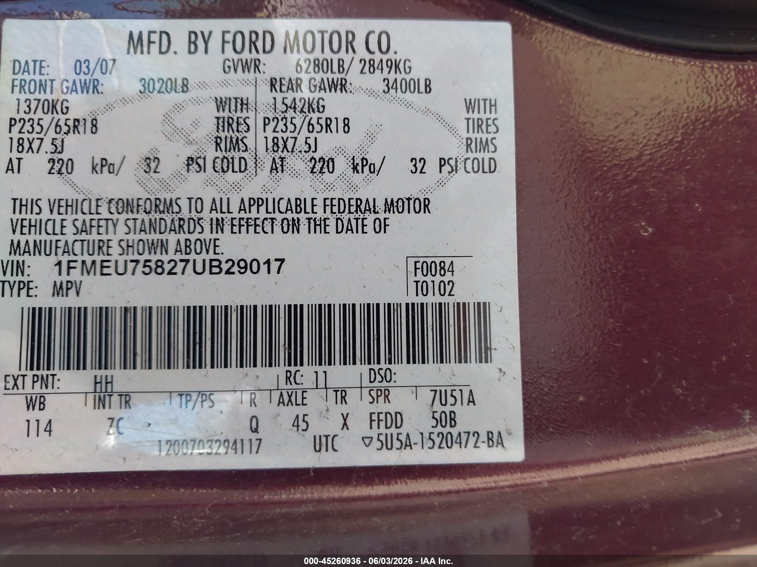 2007 Ford Explorer Limited Red vin: 1FMEU75827UB29017