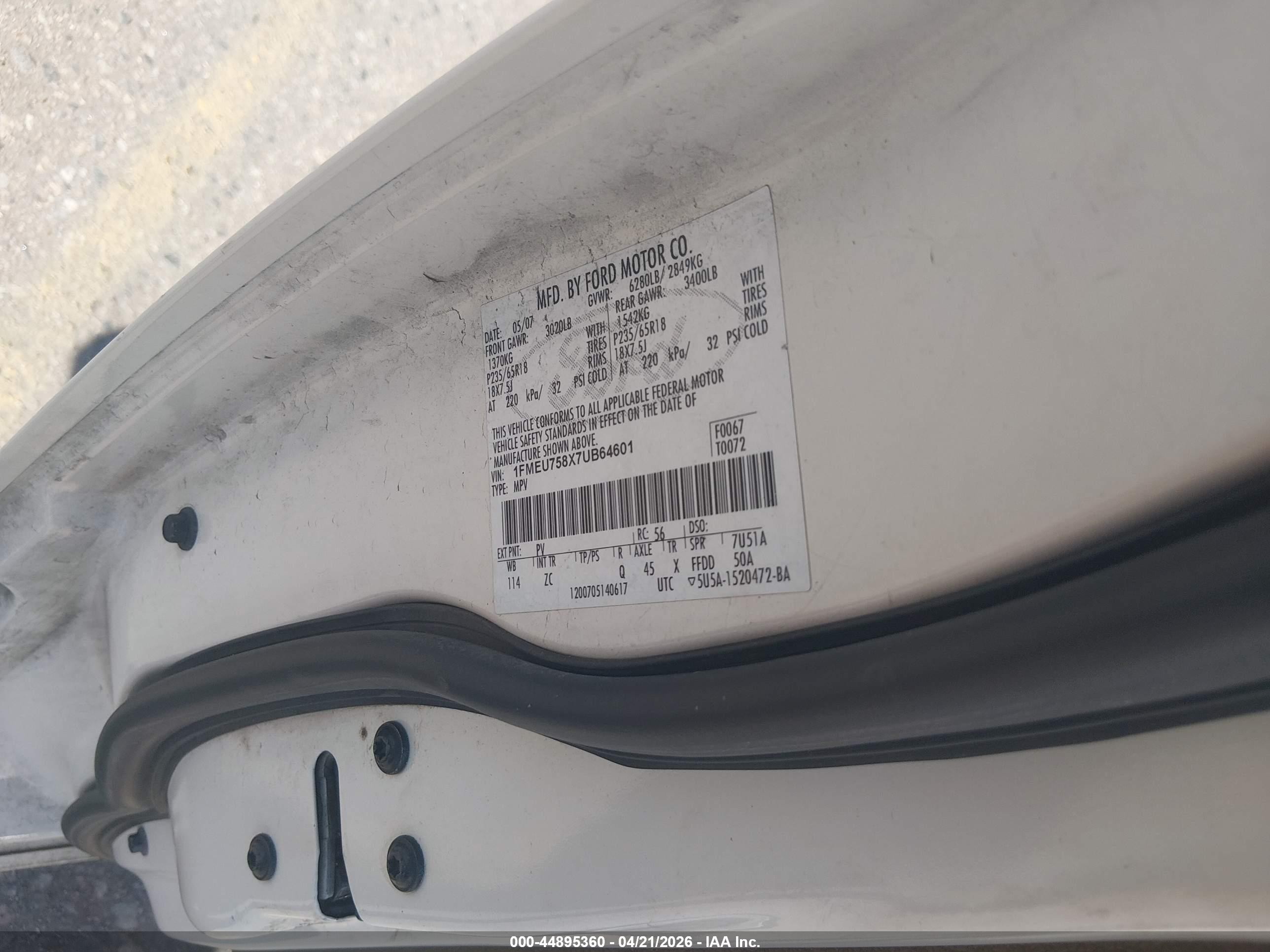 2007 Ford Explorer Limited White vin: 1FMEU758X7UB64601