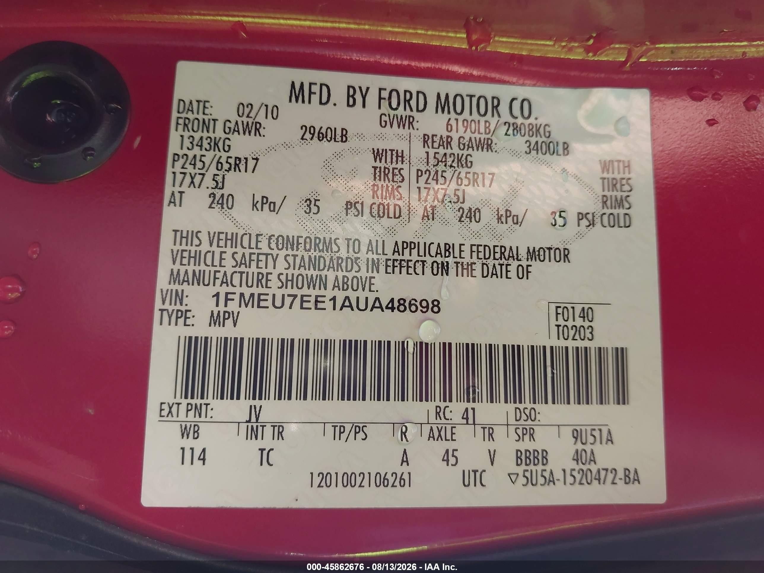 2010 Ford Explorer Eddie Bauer Red vin: 1FMEU7EE1AUA48698