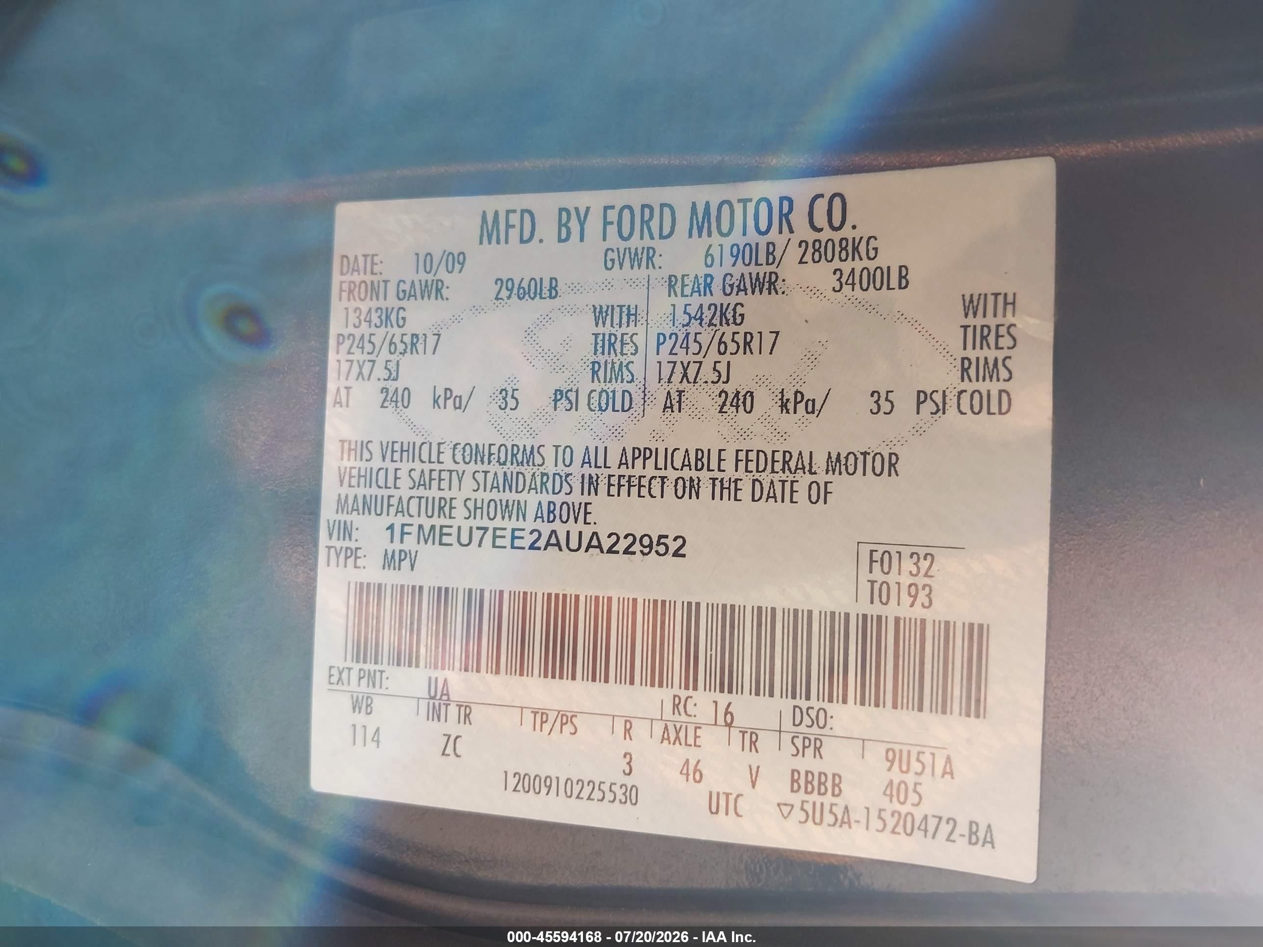 2010 Ford Explorer Eddie Bauer Black vin: 1FMEU7EE2AUA22952