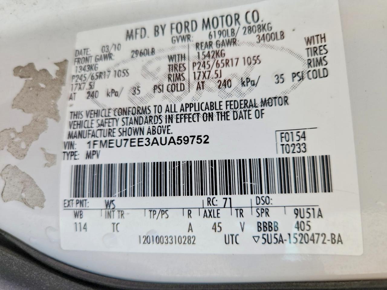 2010 Ford Explorer Eddie Bauer White vin: 1FMEU7EE3AUA59752