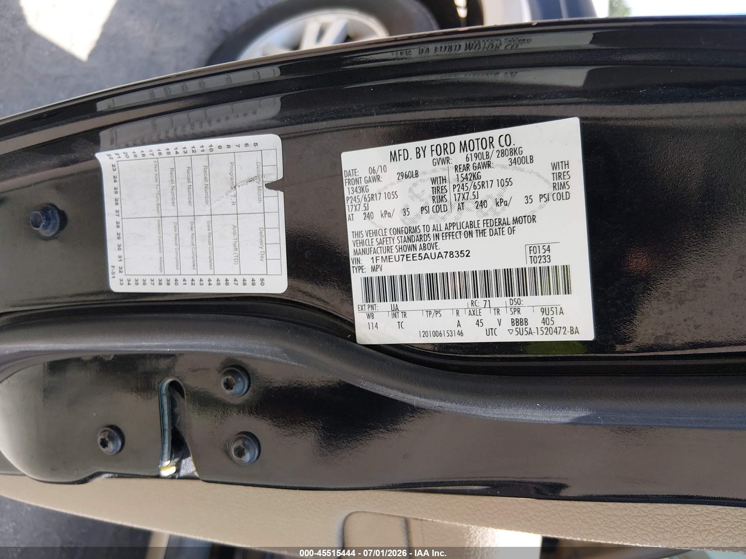 2010 Ford Explorer Eddie Bauer Black vin: 1FMEU7EE5AUA78352
