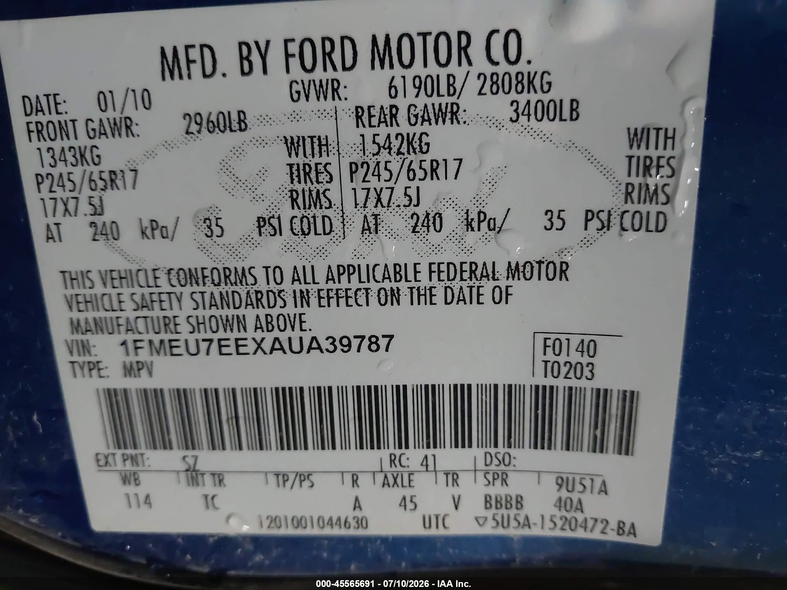 2010 Ford Explorer Eddie Bauer Blue vin: 1FMEU7EEXAUA39787