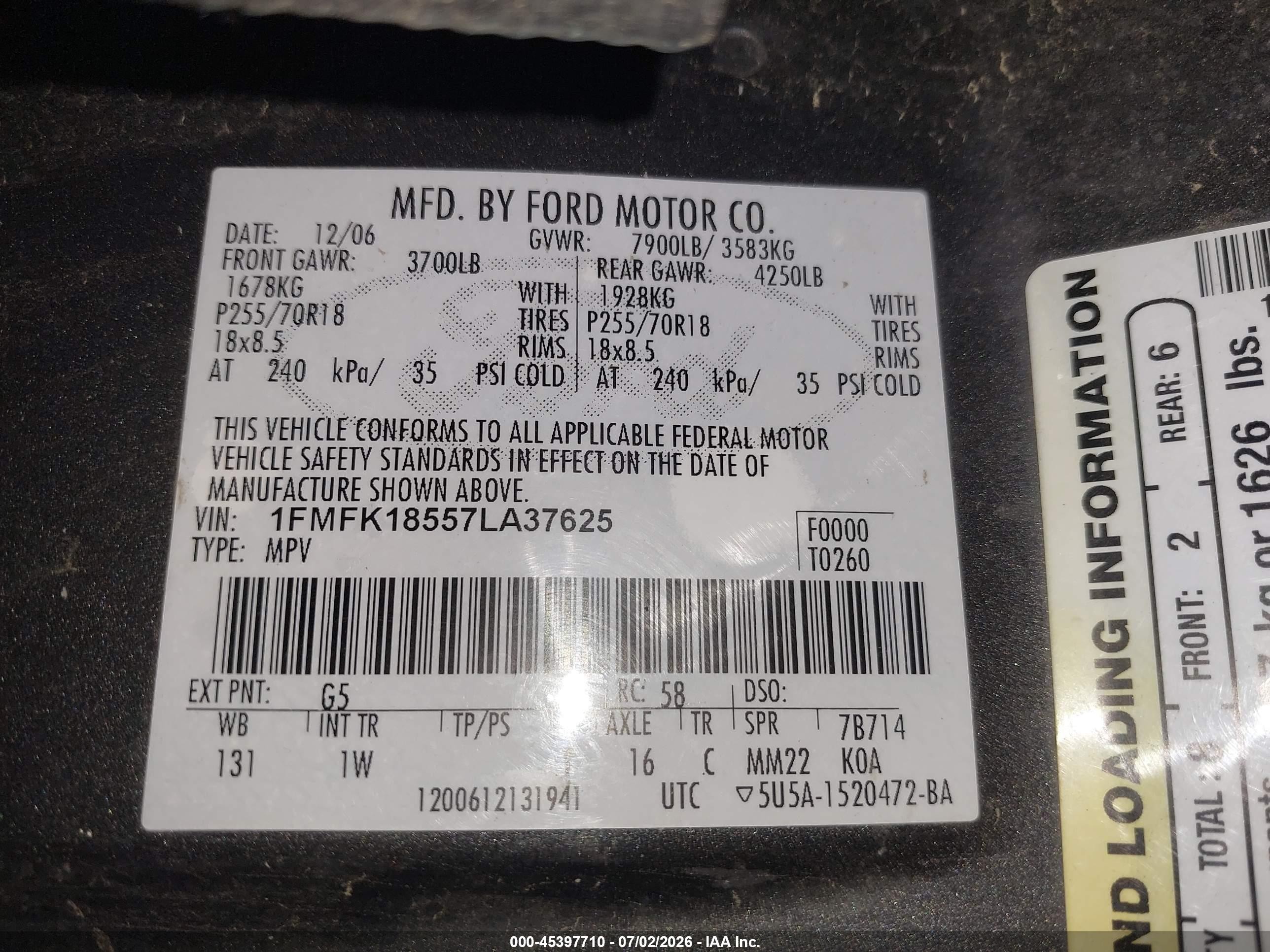 2007 Ford Expedition El Eddie Bauer Gray vin: 1FMFK18557LA37625