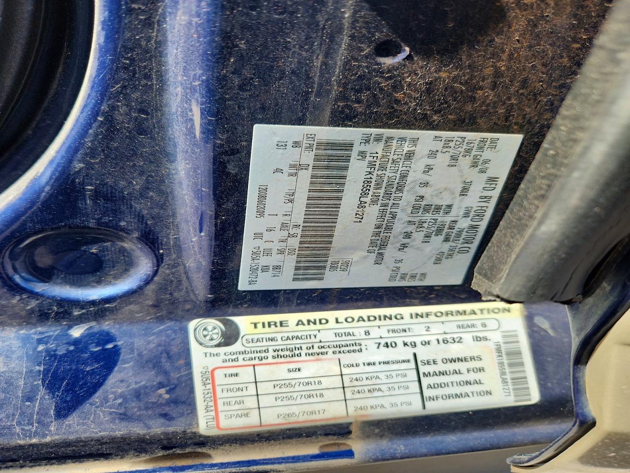 2008 Ford Expedition El Eddie Bauer Blue vin: 1FMFK18558LA81271