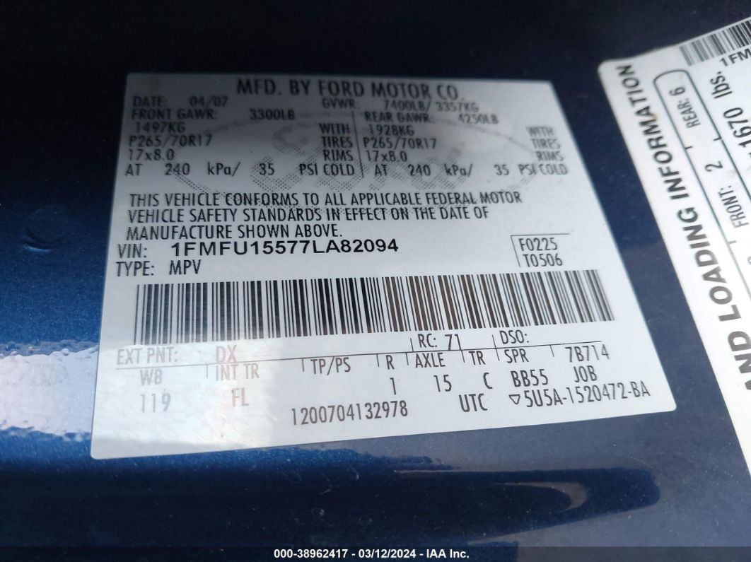2007 Ford Expedition Xlt Blue vin: 1FMFU15577LA82094